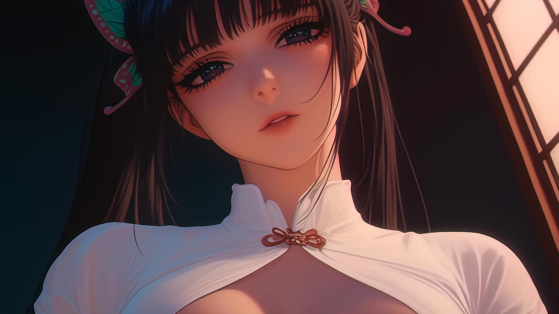 Kanao Tsuyuri from Demon Slayer kneeling, seen from below, warm light highlighting thighs