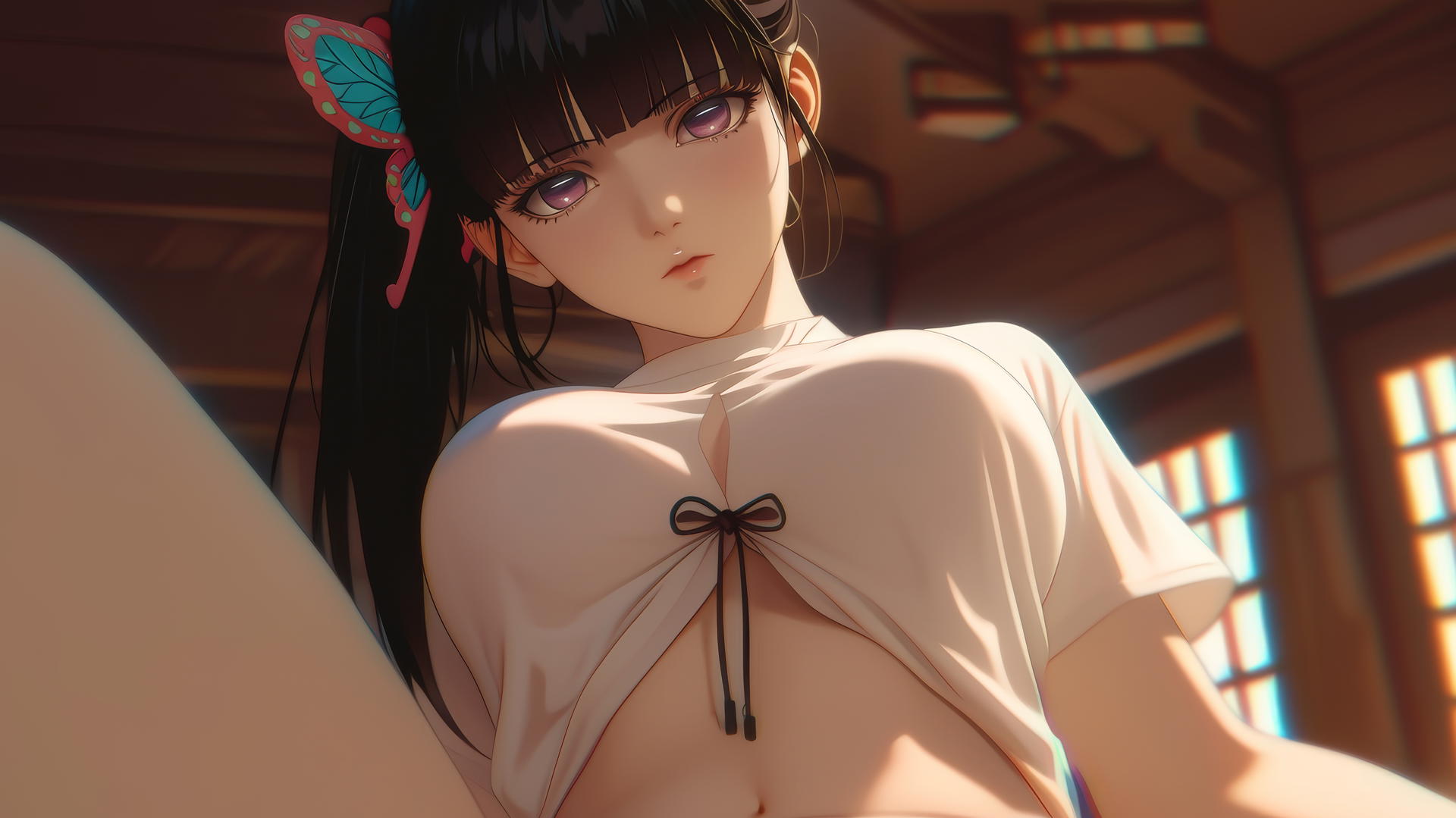 Kanao Tsuyuri kneeling, seen from below, warm light highlighting her thighs