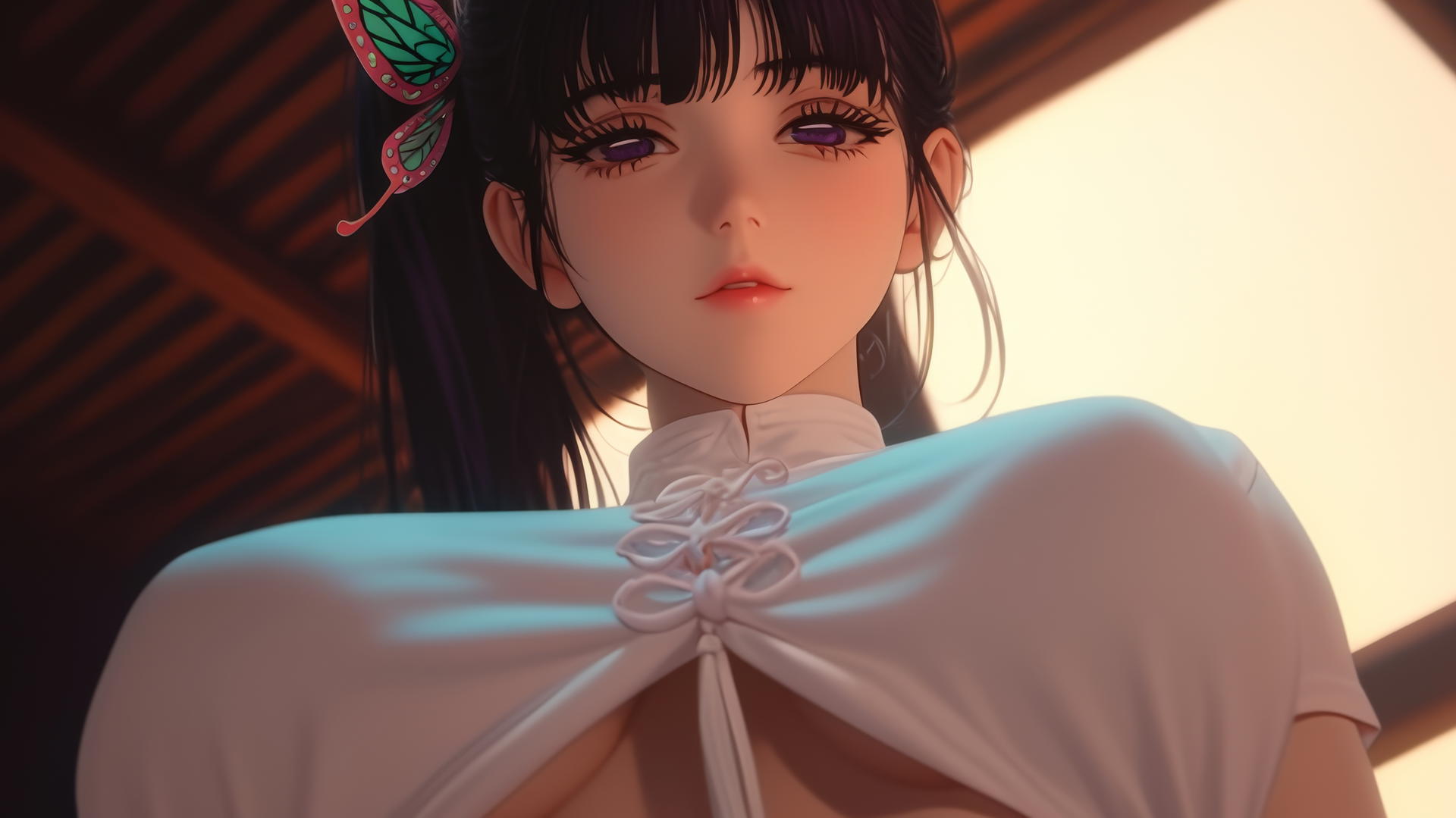 Kanao Tsuyuri from Demon Slayer, kneeling, looking down, ceiling background, warm light