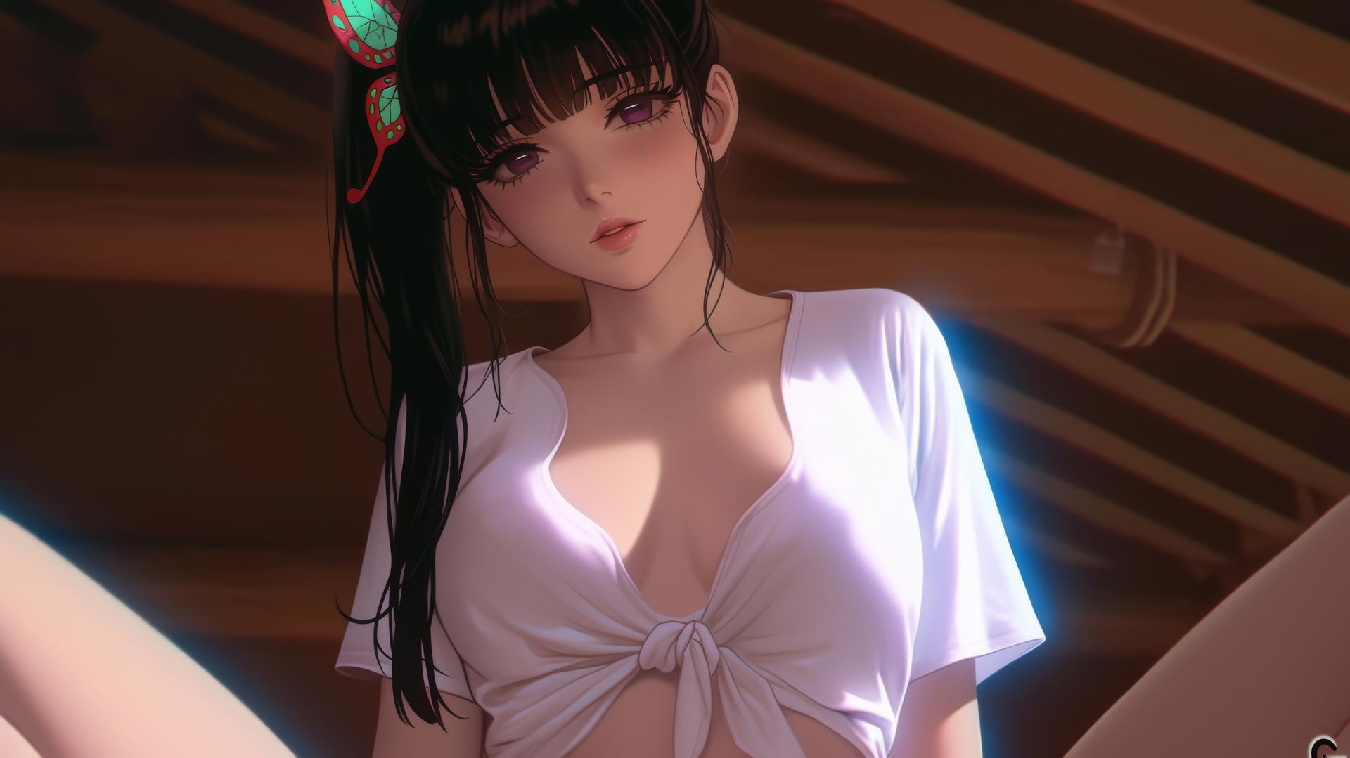 Kanao Tsuyuri kneeling, seen from below with a glowing warm light, ceiling background.