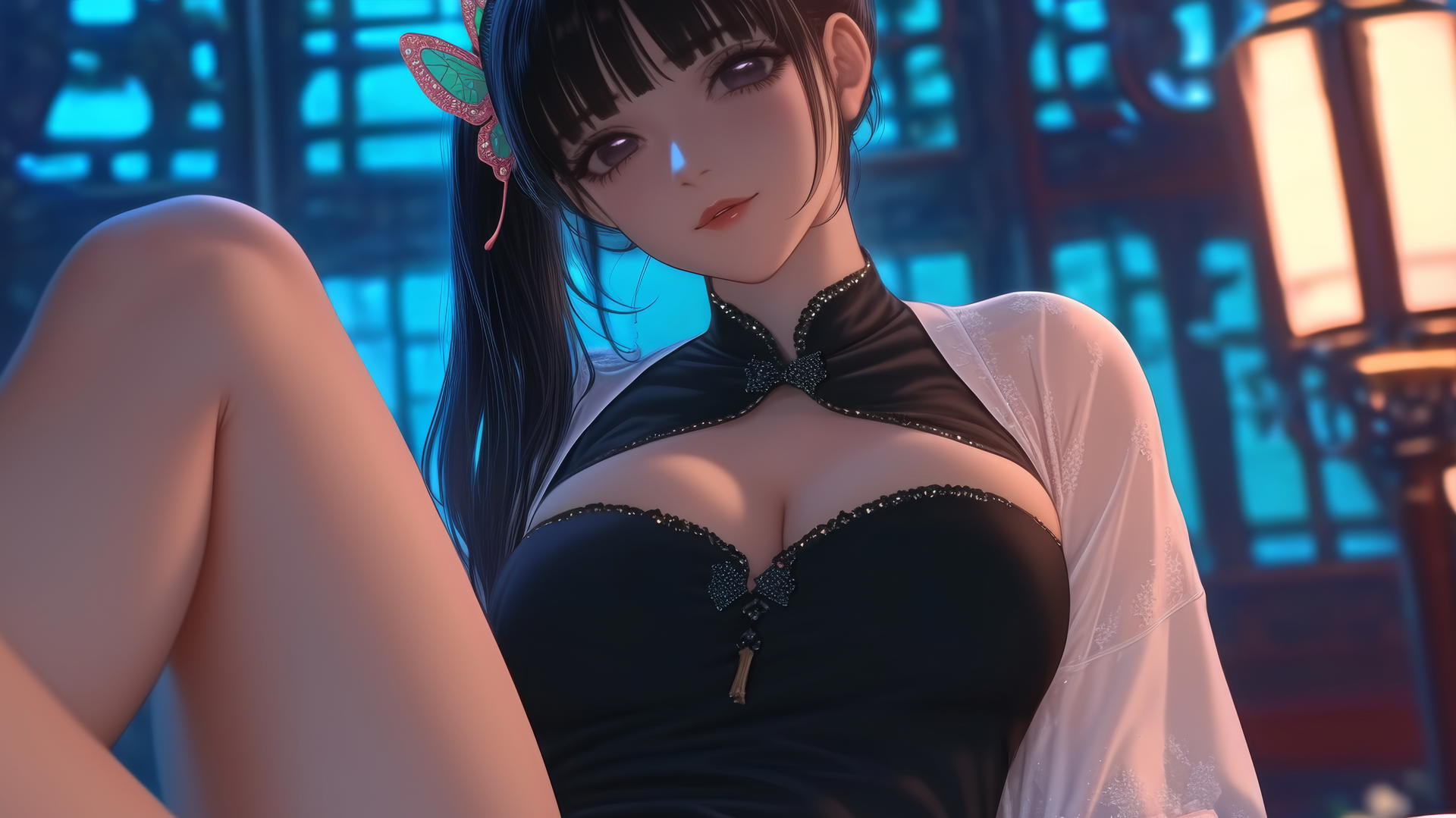 Kanao Tsuyuri from Demon Slayer kneeling, wearing a t-shirt, seen from below with warm lighting.