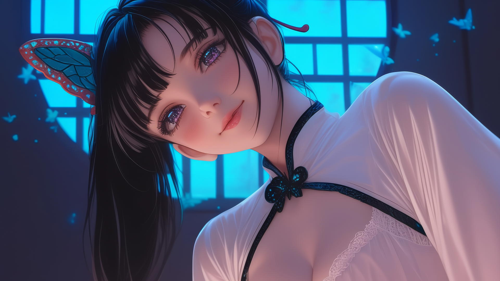 Kanao Tsuyuri kneeling, seen from below, waist focus with gentle lilac eyes and butterfly ornament
