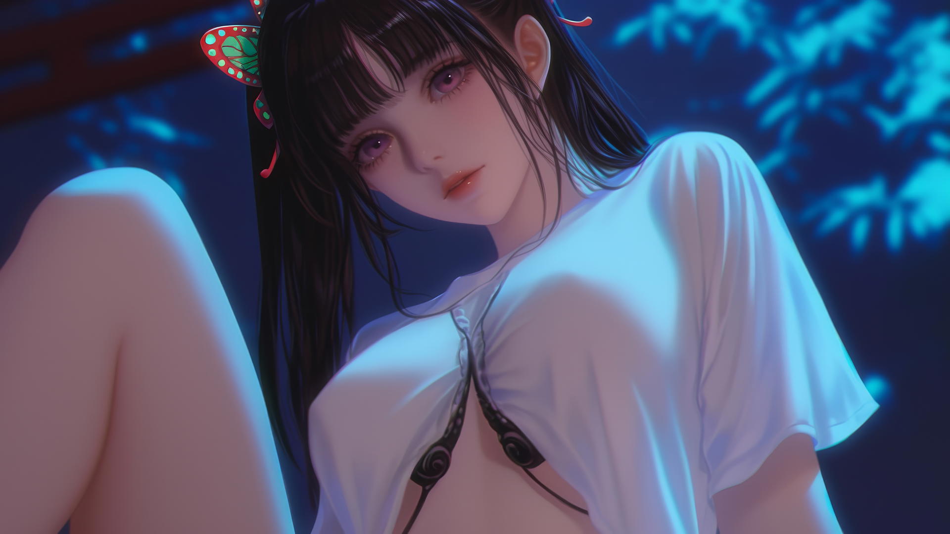 Kanao Tsuyuri kneeling from below with warm light and ceiling background