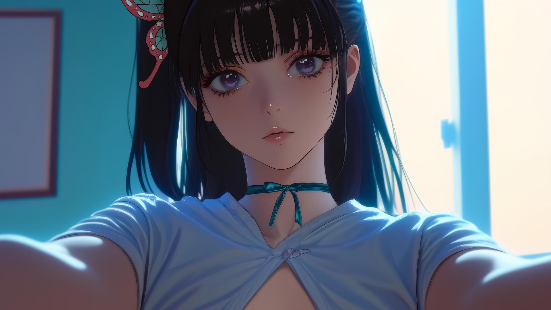 Kanao Tsuyuri kneeling, looking down with dark lilac eyes and butterfly ornament in hair