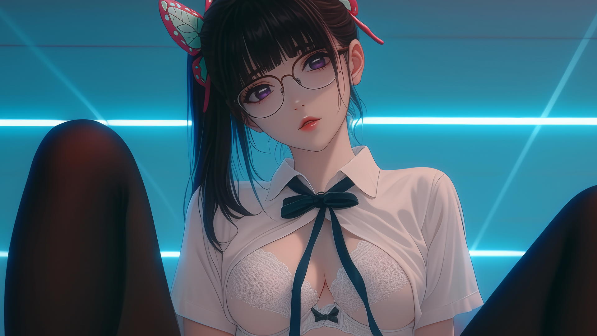 Kanao Tsuyuri kneeling, seen from below, wearing an office shirt and glasses, with a ceiling background.