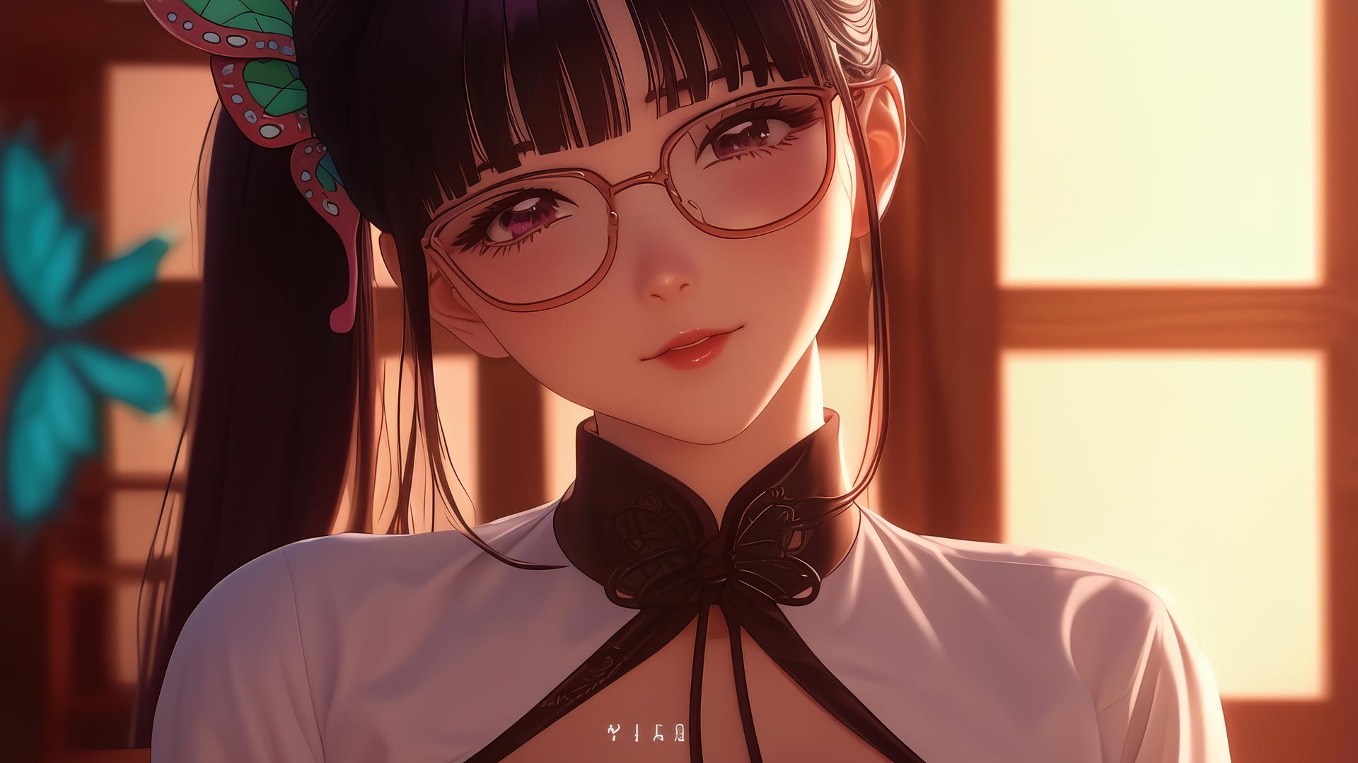 Kanao Tsuyuri from Demon Slayer, kneeling in an office shirt and glasses, seen from below.