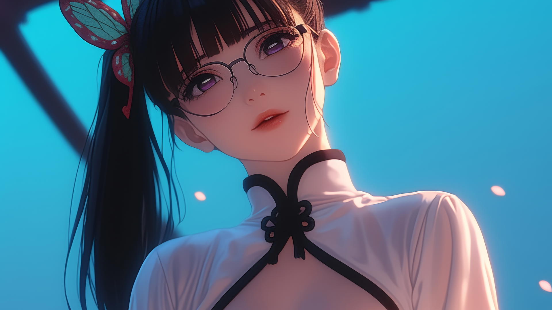 Kanao Tsuyuri kneeling, wearing office shirt and glasses, seen from below, ceiling background