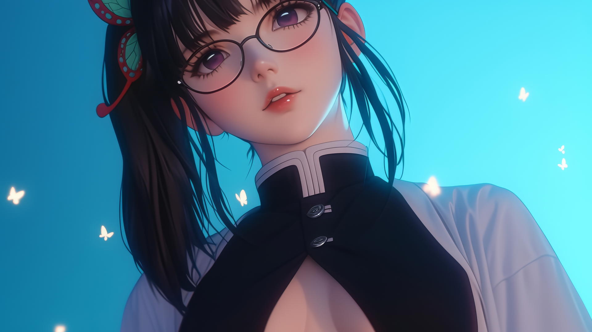 Kanao Tsuyuri kneeling, seen from below with ceiling background, warm light highlighting her eyes and legs.