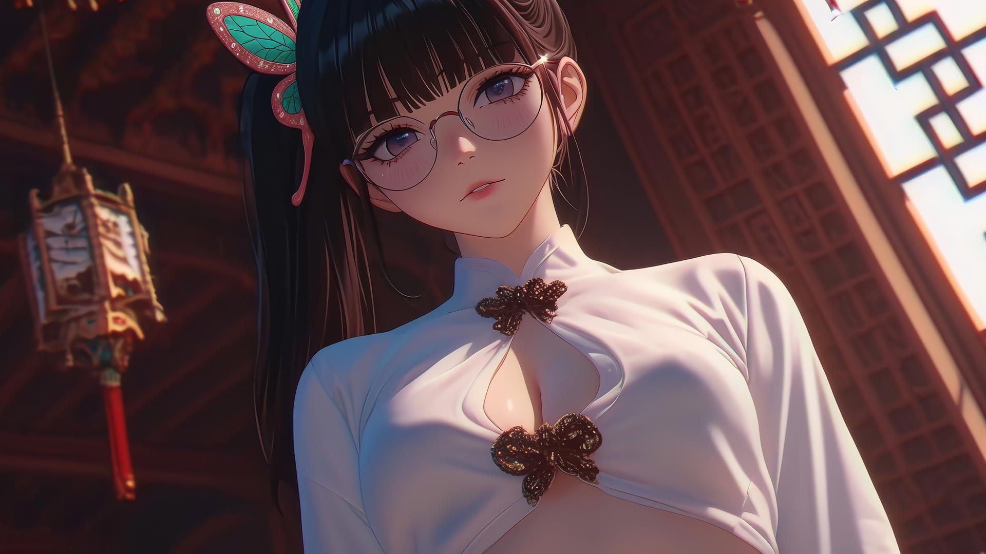 Kanao Tsuyuri from Demon Slayer kneeling, wearing office shirt and glasses, seen from below.