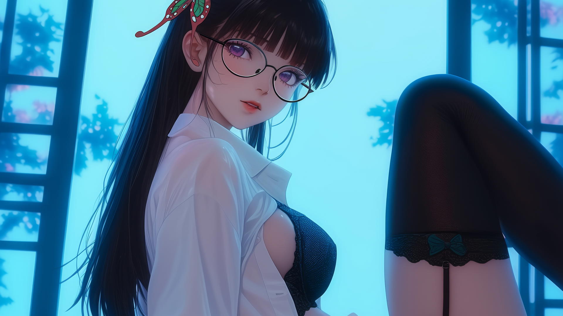 Kanao Tsuyuri from Demon Slayer kneeling, wearing office shirt and glasses, warm light glow