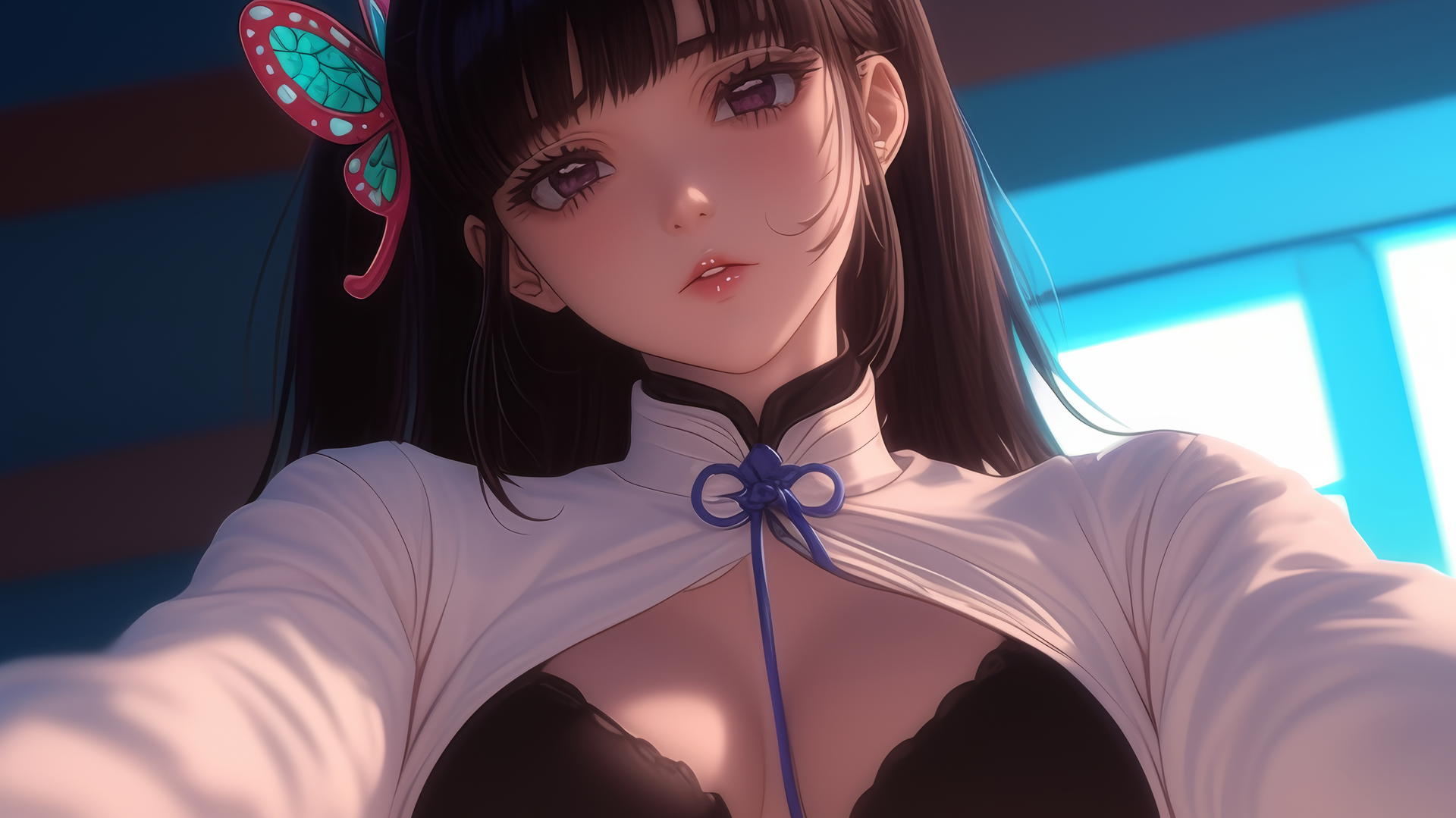 Kanao Tsuyuri kneeling and looking down with warm light casting a soft glow, ceiling background