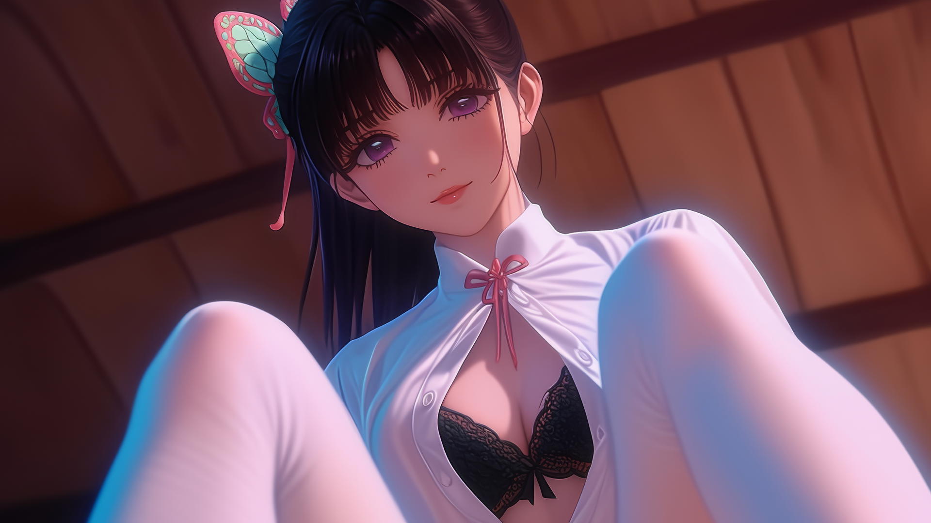 Kanao Tsuyuri kneeling, seen from below, wearing office shirt, soft glow highlighting thighs