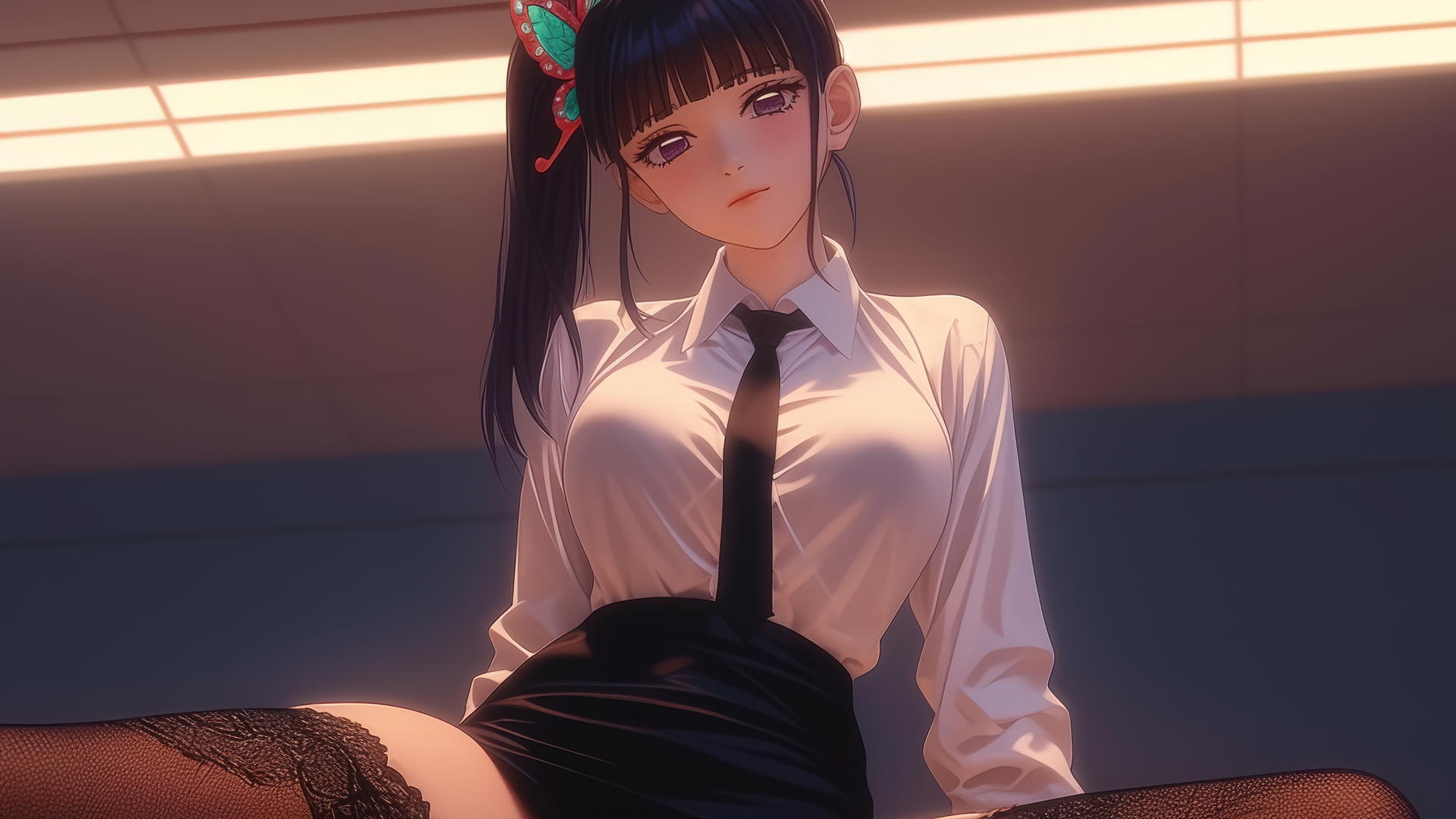 Kanao Tsuyuri kneeling in a shirt, seen from below with a ceiling background.