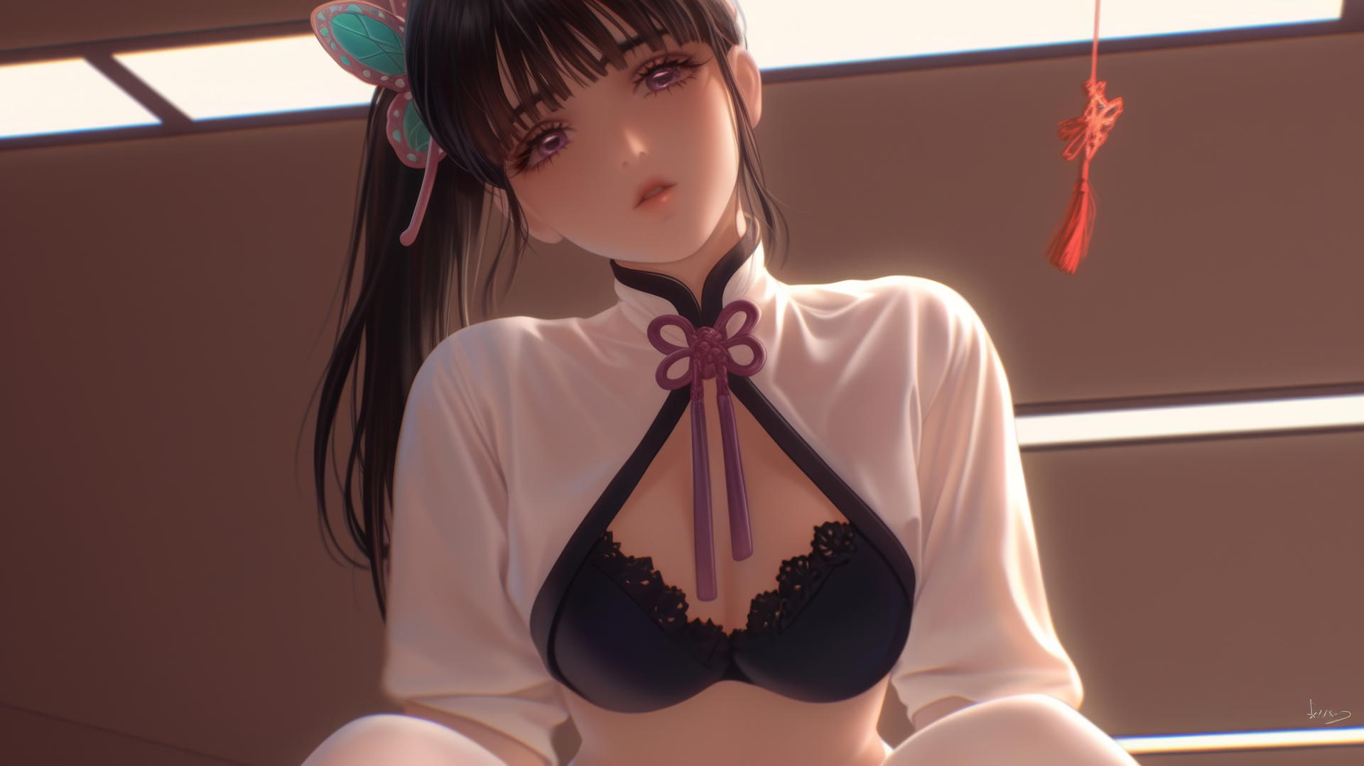Kanao Tsuyuri wearing an office shirt, kneeling, viewed from below with a warm light highlighting her figure.