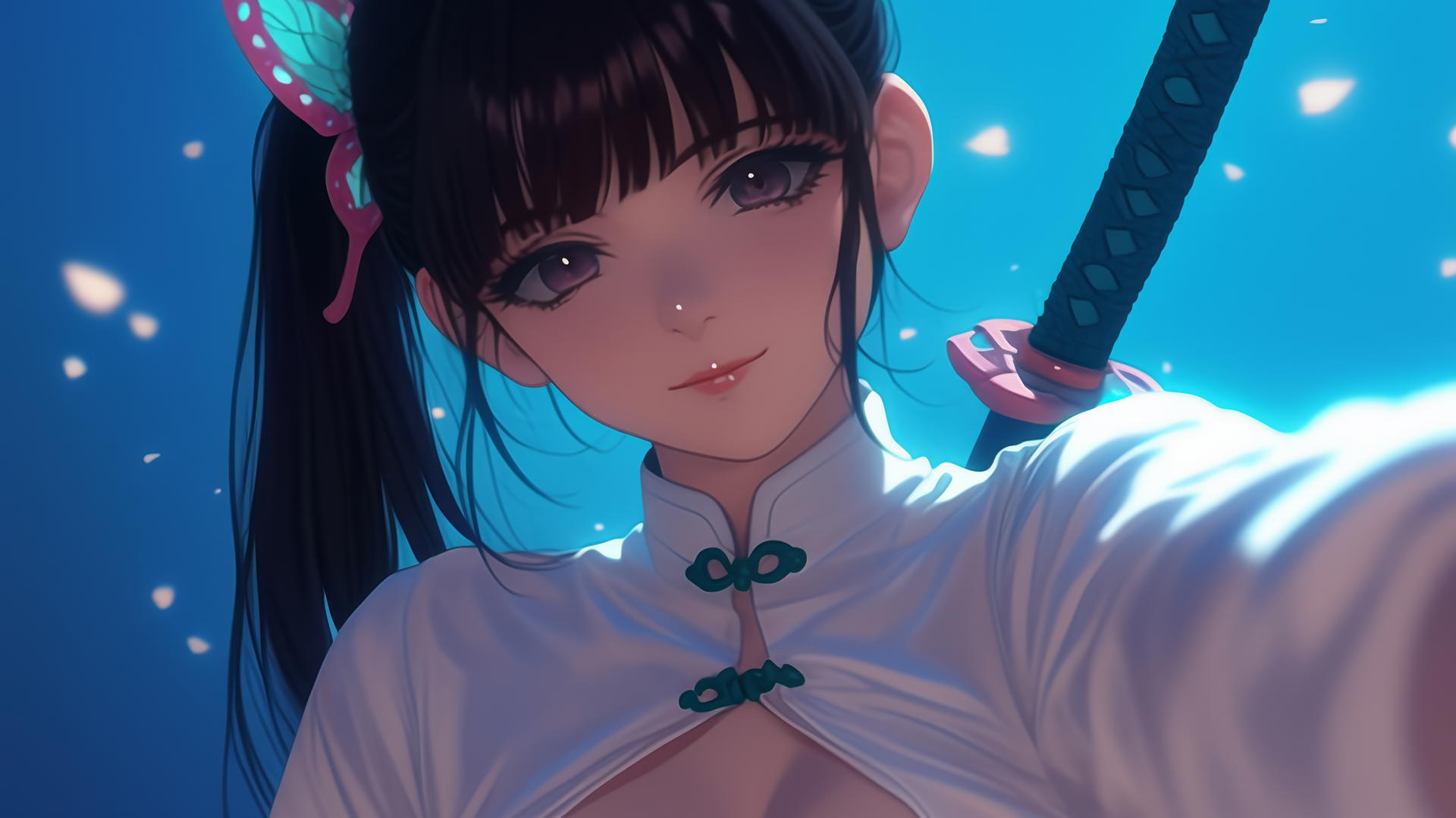 Kanao Tsuyuri kneeling with waist focus, seen from below, dark lilac eyes, ceiling background.