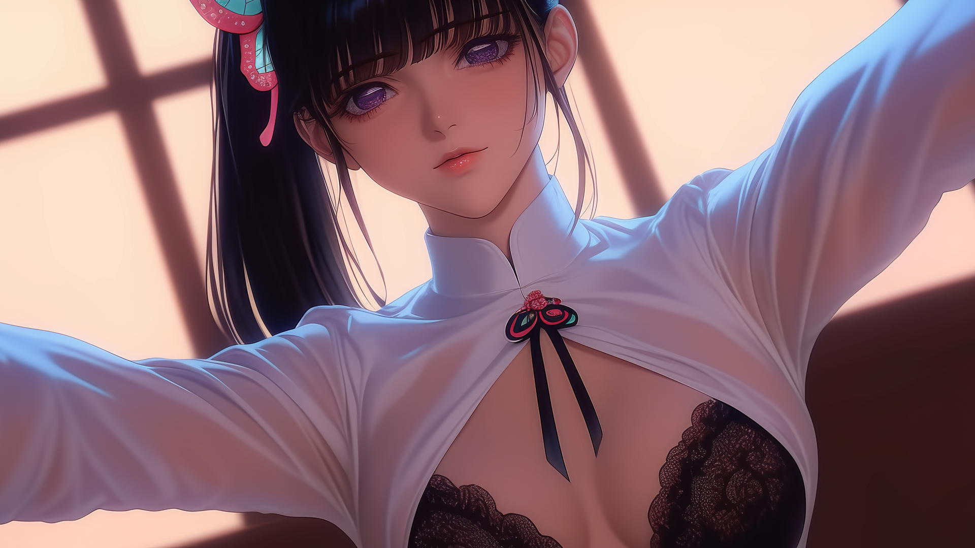 Kanao Tsuyuri kneeling, seen from below, wearing office shirt, warm light glow