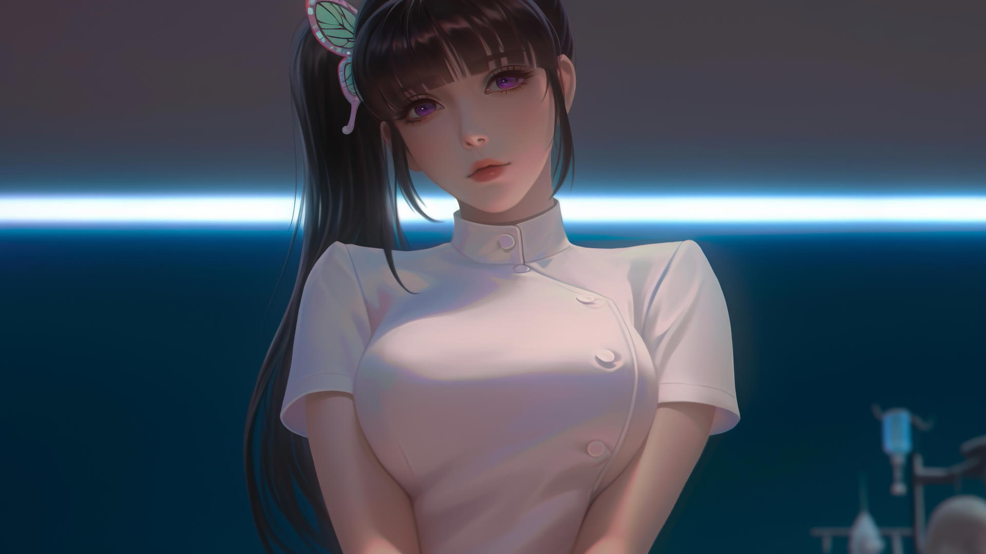 Kanao Tsuyuri from Demon Slayer, dressed as a nurse, kneeling with warm light highlighting her figure and legs, seen from below with a ceiling background.