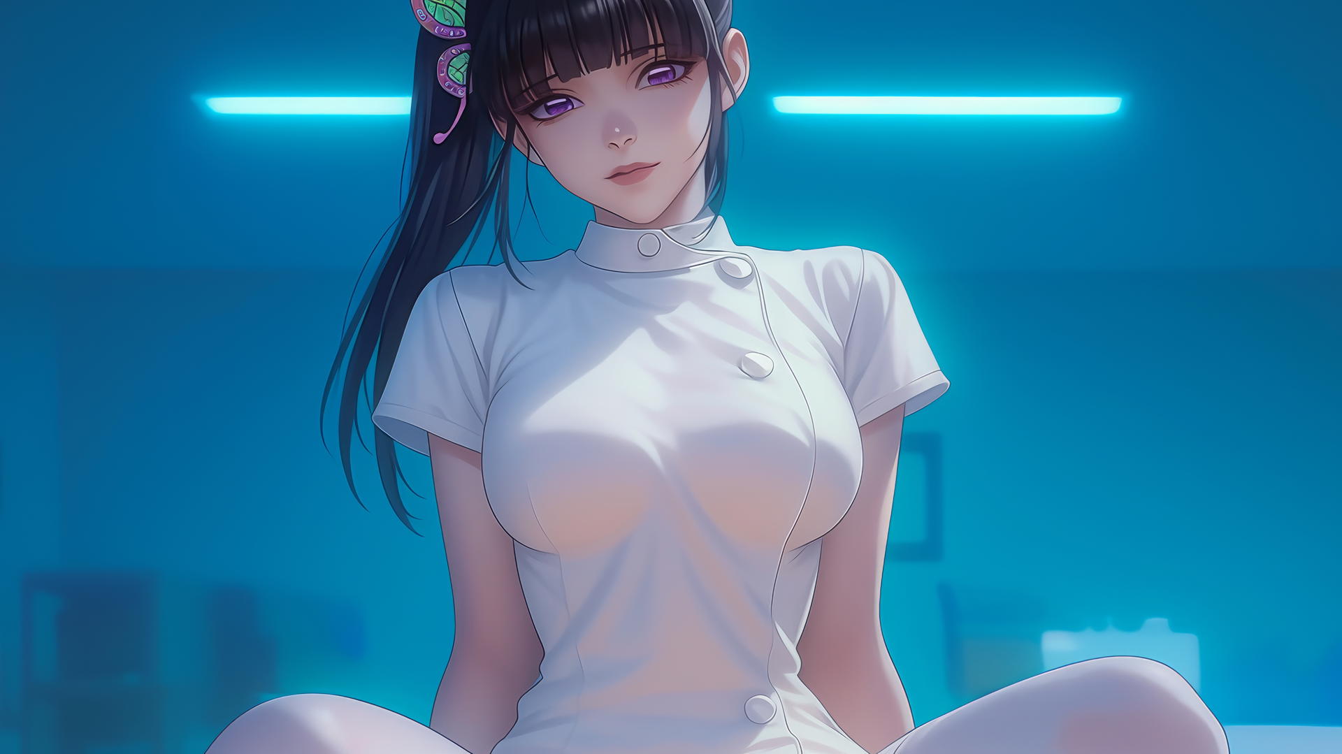 Kanao Tsuyuri from Demon Slayer as a nurse, seen from below, kneeling, with ceiling background.