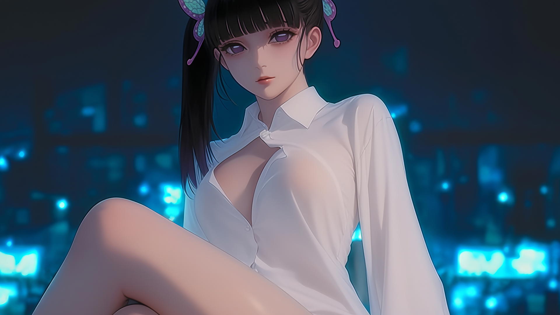 Kanao Tsuyuri from Demon Slayer, kneeling, seen from below, warm light, ceiling background.