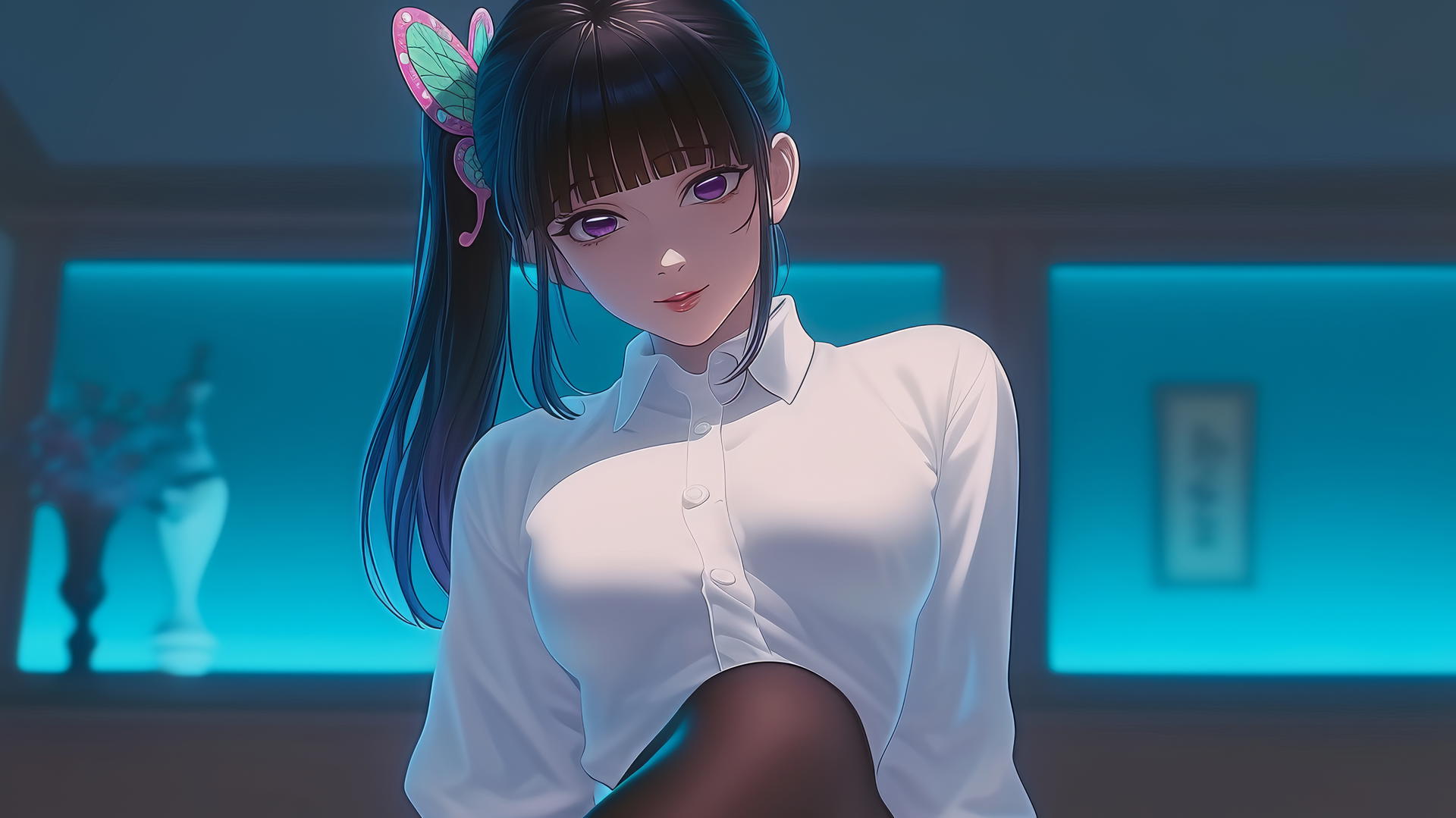 Kanao Tsuyuri kneeling, wearing a white office shirt, seen from below with a ceiling backdrop