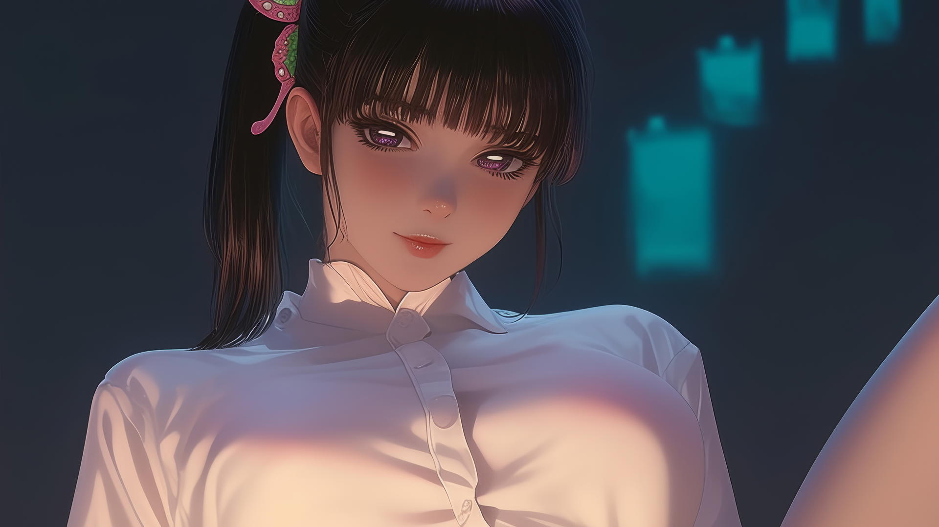 Kanao Tsuyuri kneeling in white office shirt with butterfly ornament, viewed from below