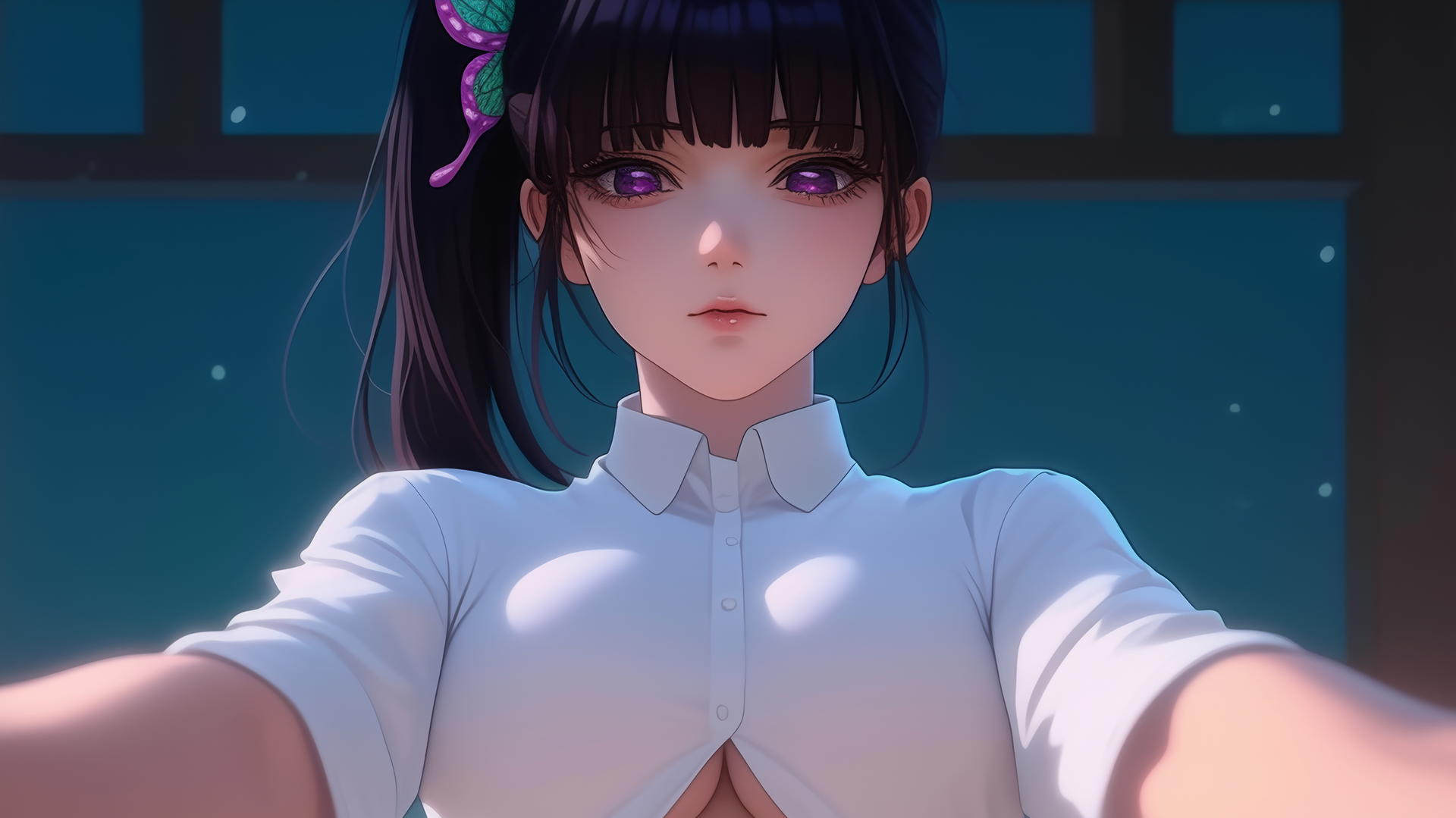 Kanao Tsuyuri kneeling, looking down, in white office shirt with butterfly hair ornament