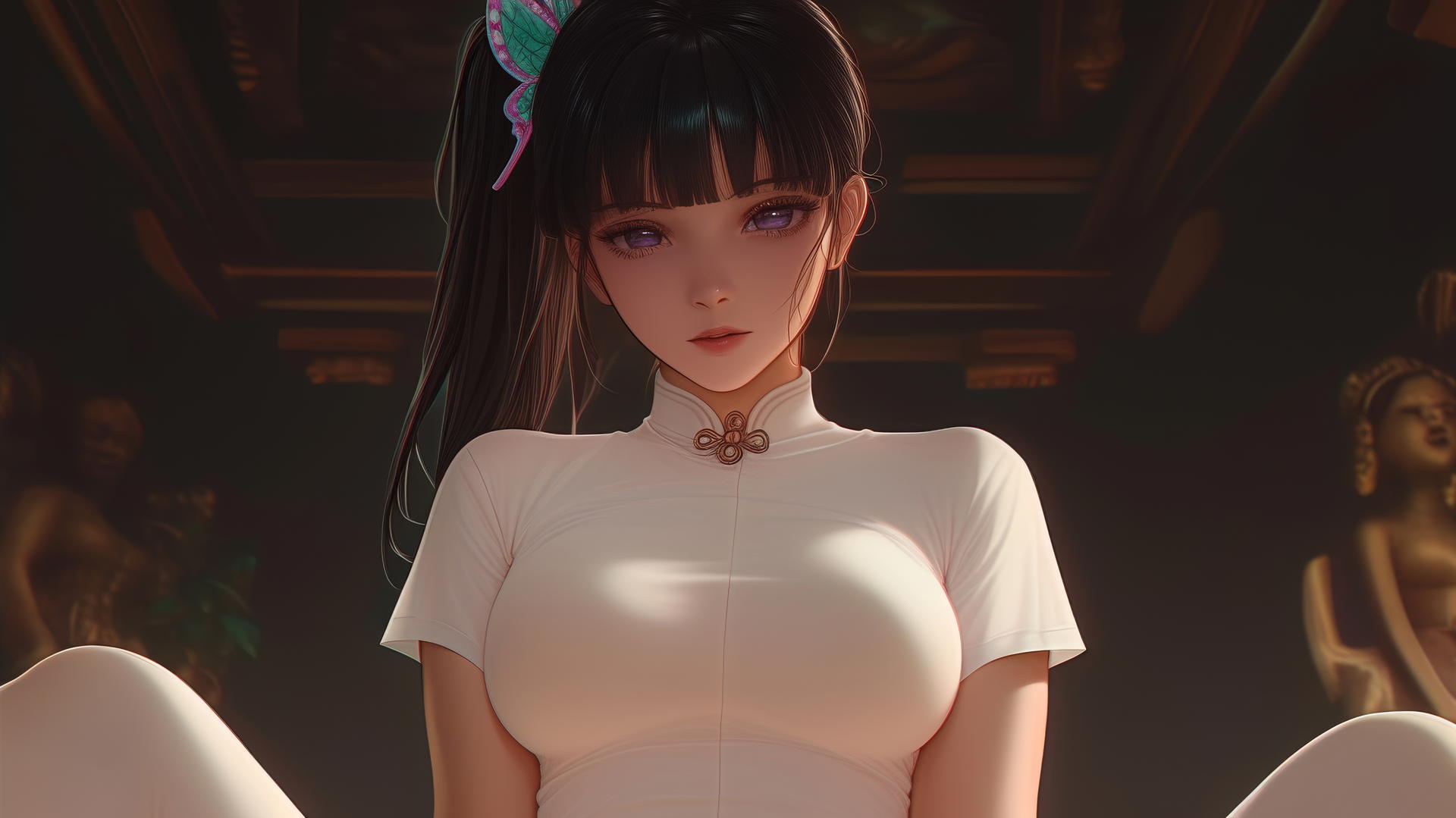Kanao Tsuyuri kneeling, seen from below with white t-shirt, ceiling behind, warm light highlighting thighs, gentle dark lilac eyes.