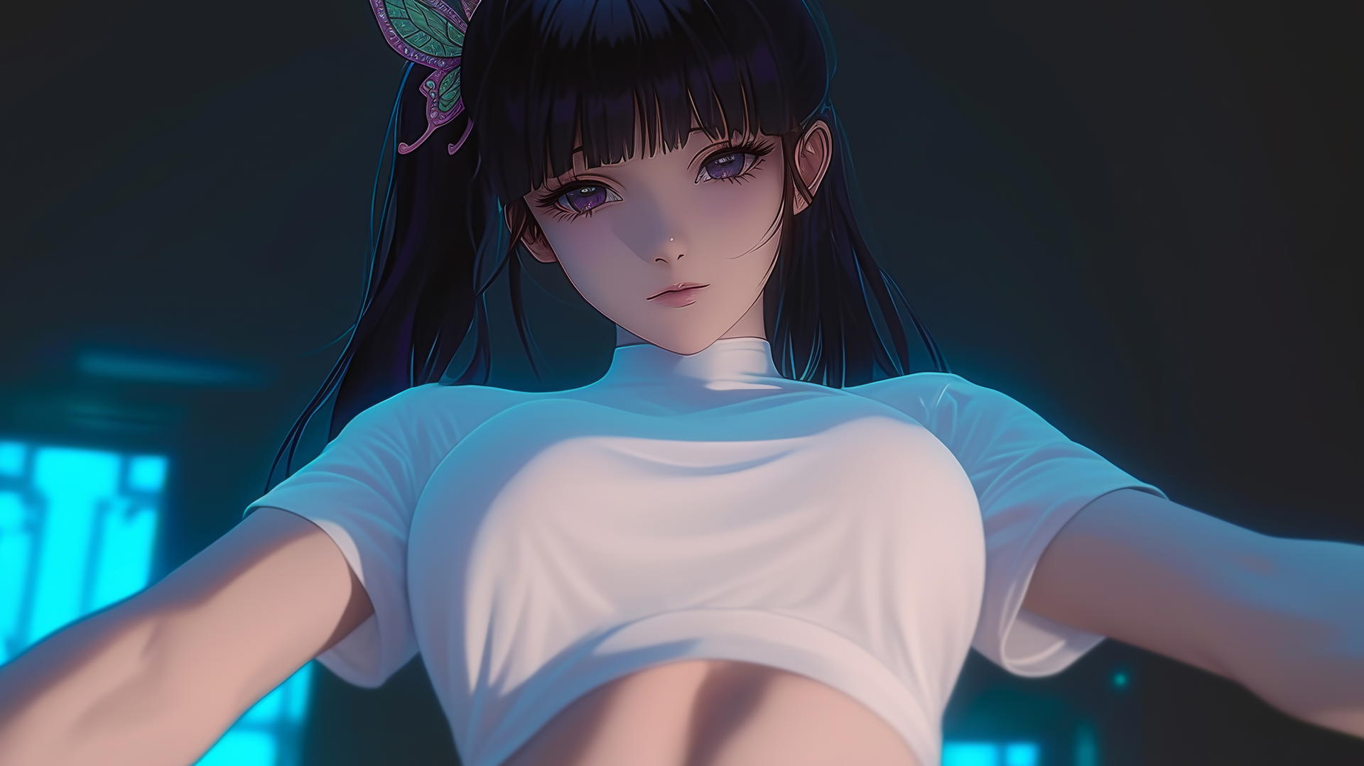 Kanao Tsuyuri kneeling, seen from below, wearing white t-shirt, warm light, ceiling background.