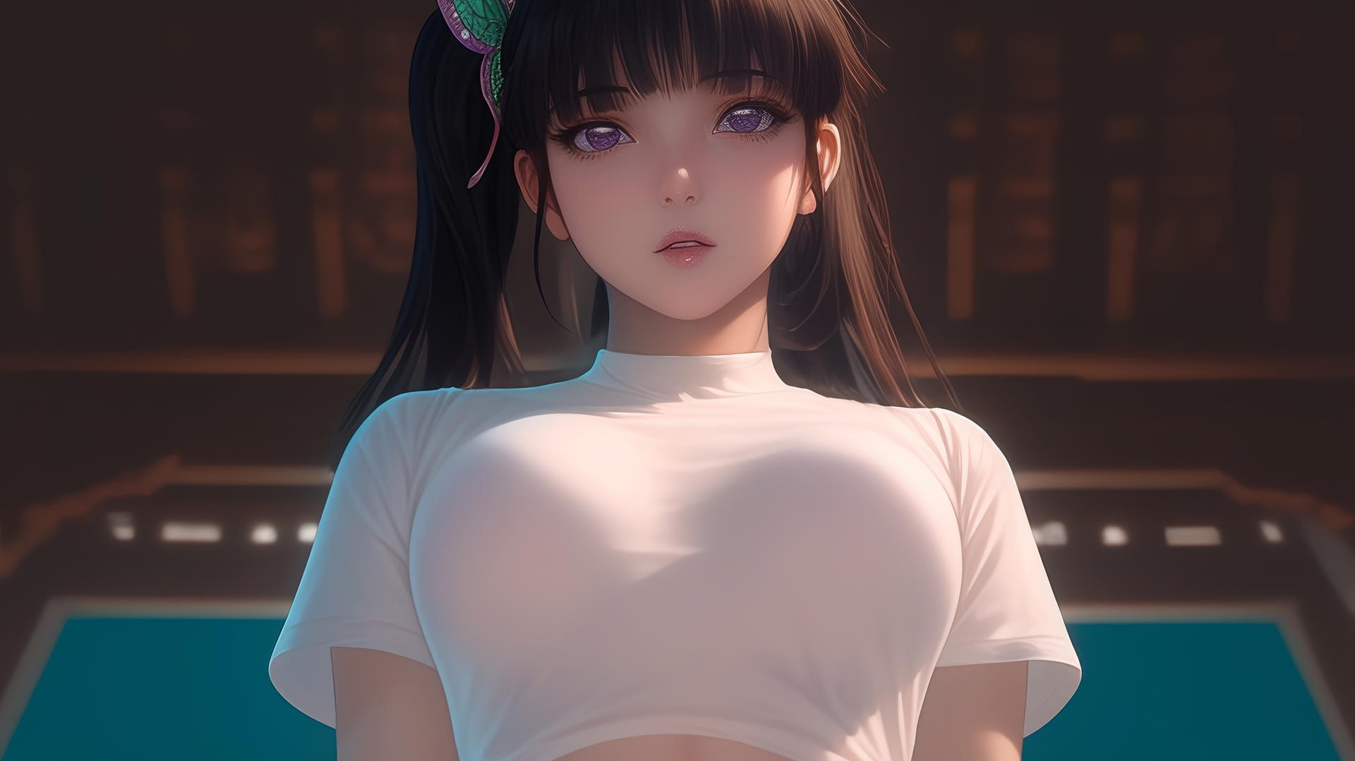 Kanao Tsuyuri from Demon Slayer, kneeling, seen from below, wearing a white t-shirt, with dark lilac eyes, ceiling behind her.