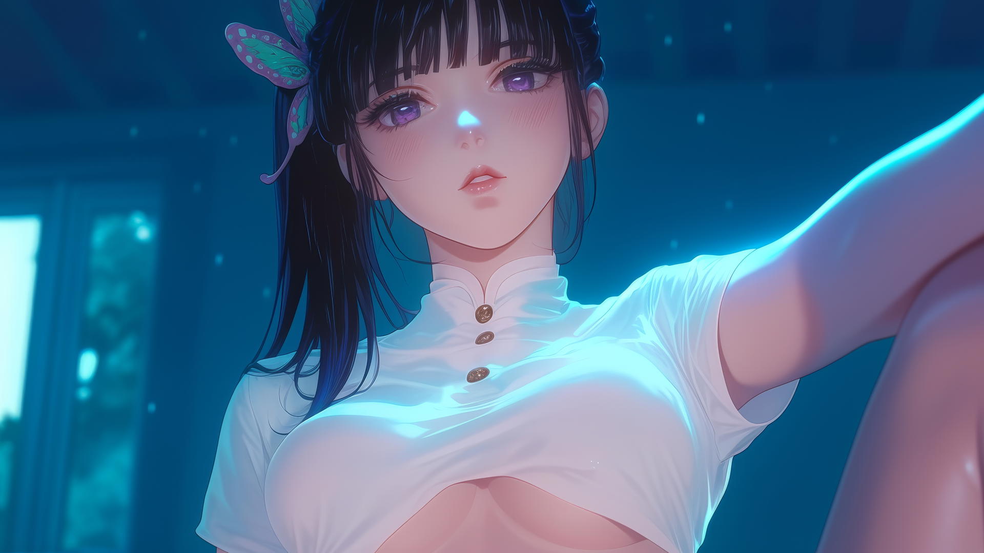 Kanao Tsuyuri kneeling, viewed from below with ceiling background, dressed in white t-shirt.