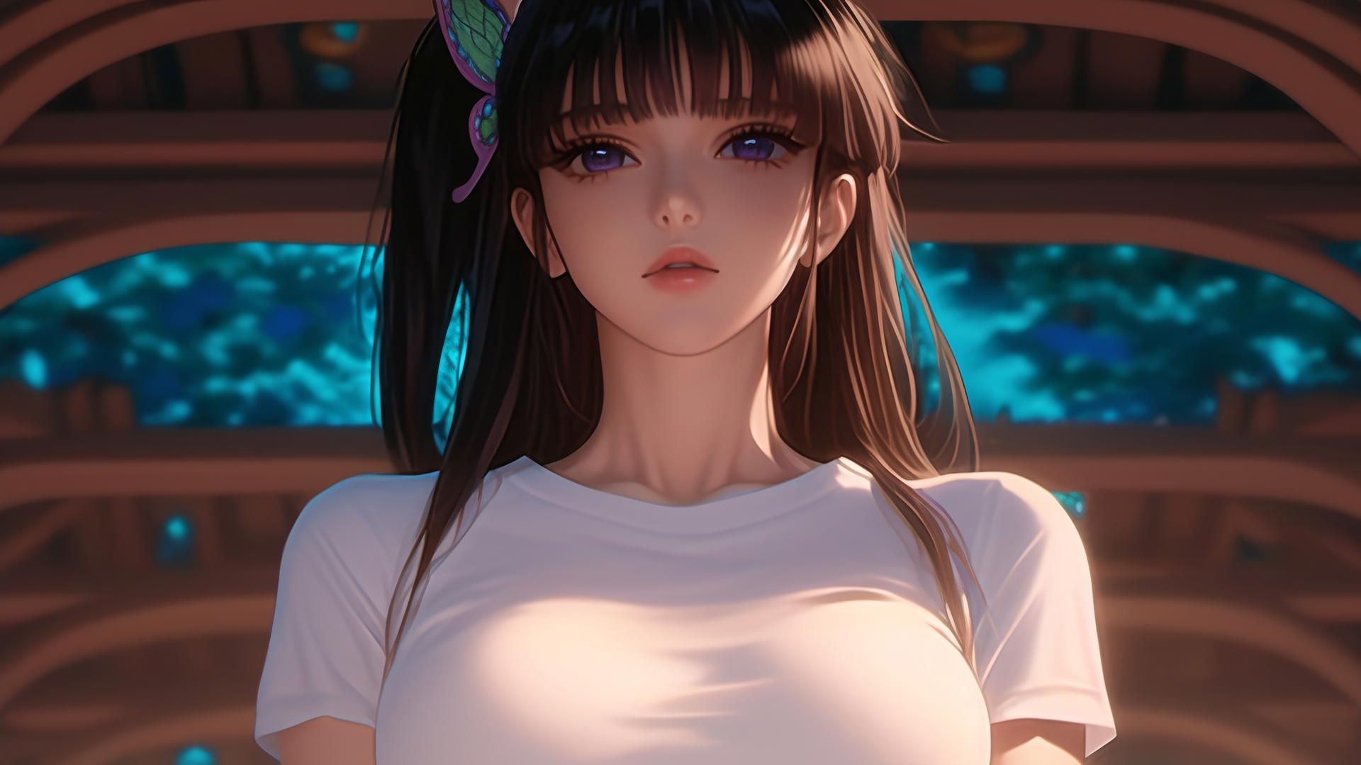 Kanao Tsuyuri from Demon Slayer kneeling, seen from below, wearing white t-shirt, with ceiling as background.