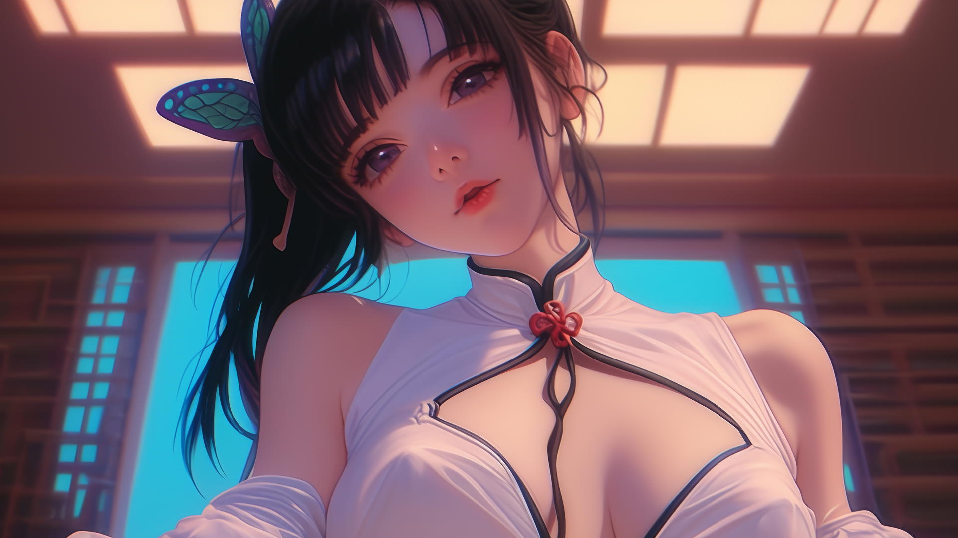 Kanao Tsuyuri leaning forward with butterfly ornament, warm light, ceiling background.