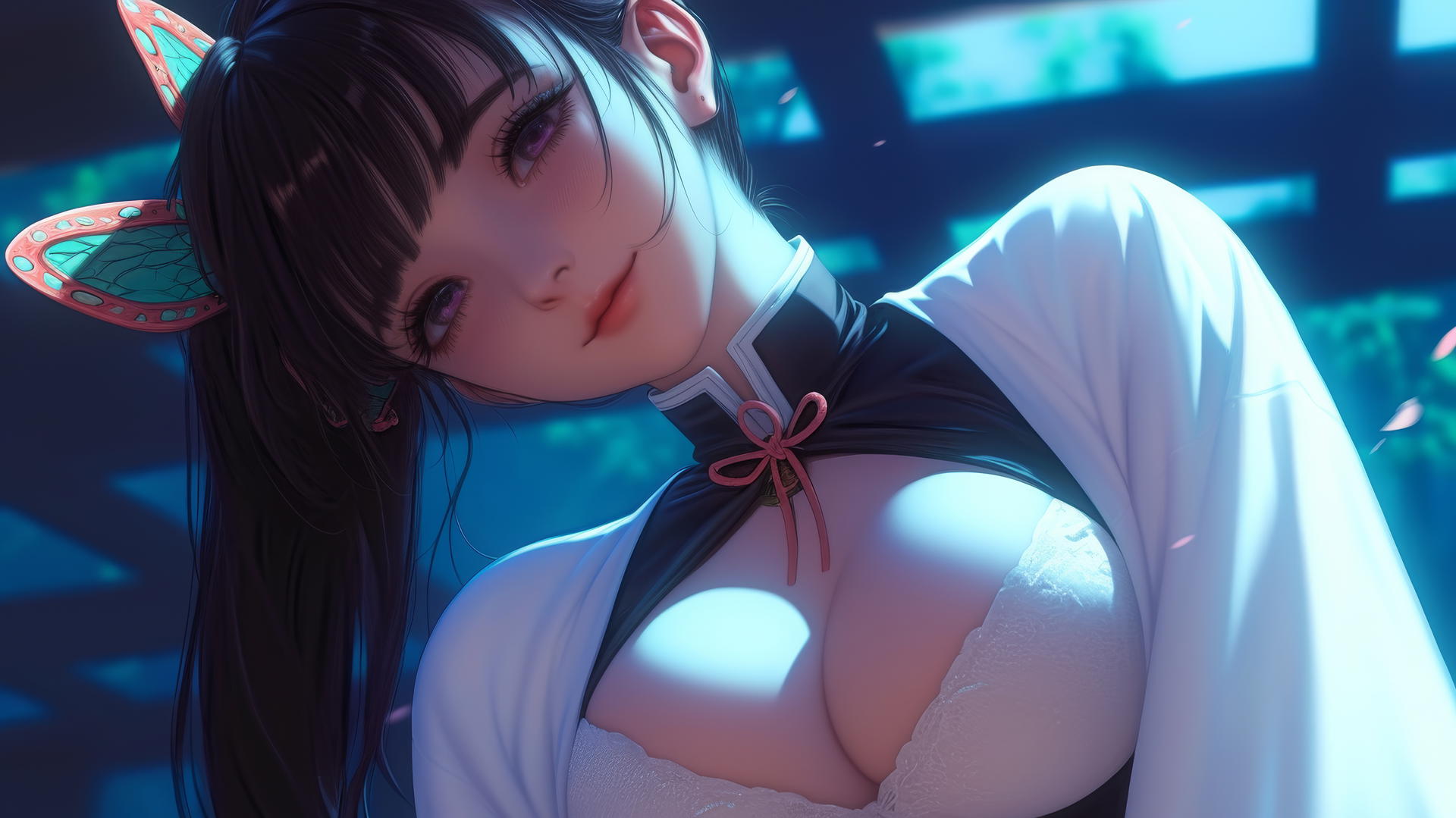 Kanao Tsuyuri from Demon Slayer kneeling, looking down with warm light, ceiling background