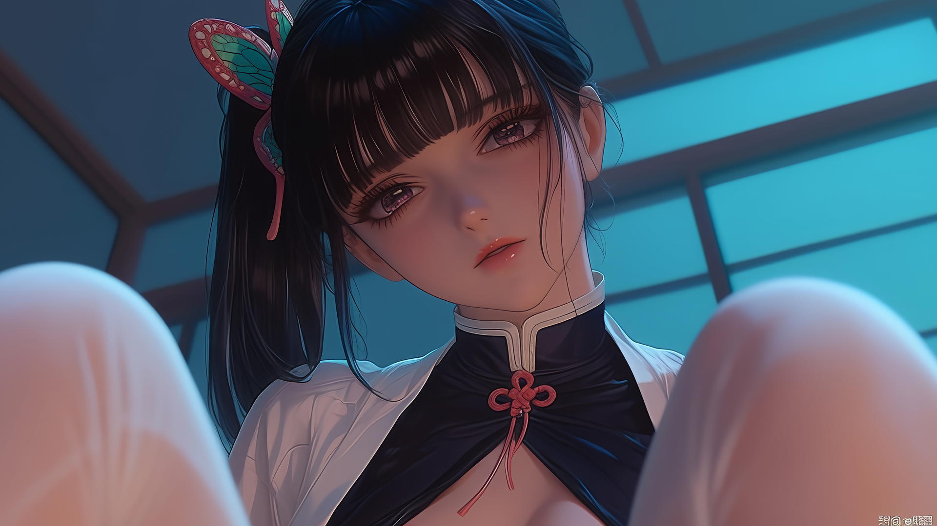 Kanao Tsuyuri from Demon Slayer kneeling, looking down, framed by a ceiling background