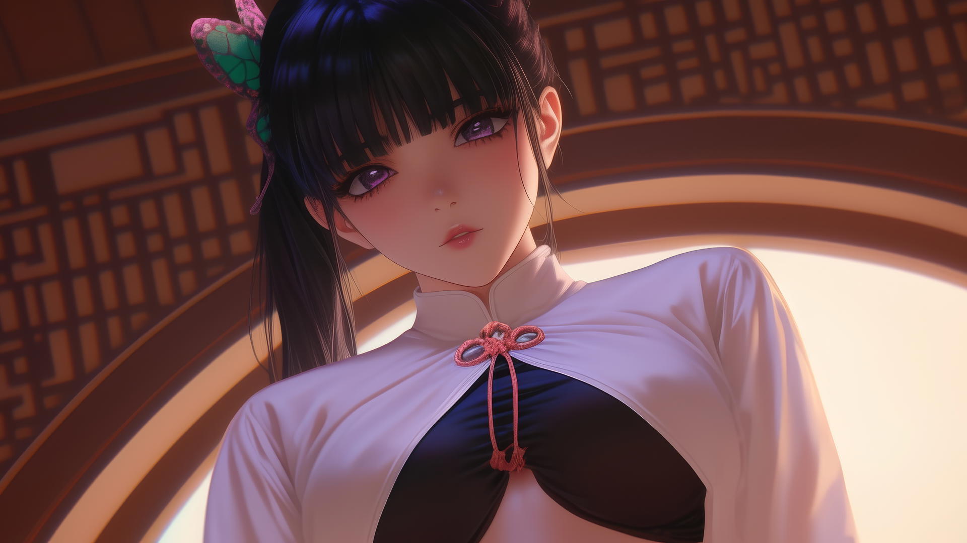 Kanao Tsuyuri from Demon Slayer kneeling and leaning forward with gentle dark lilac eyes, ceiling background