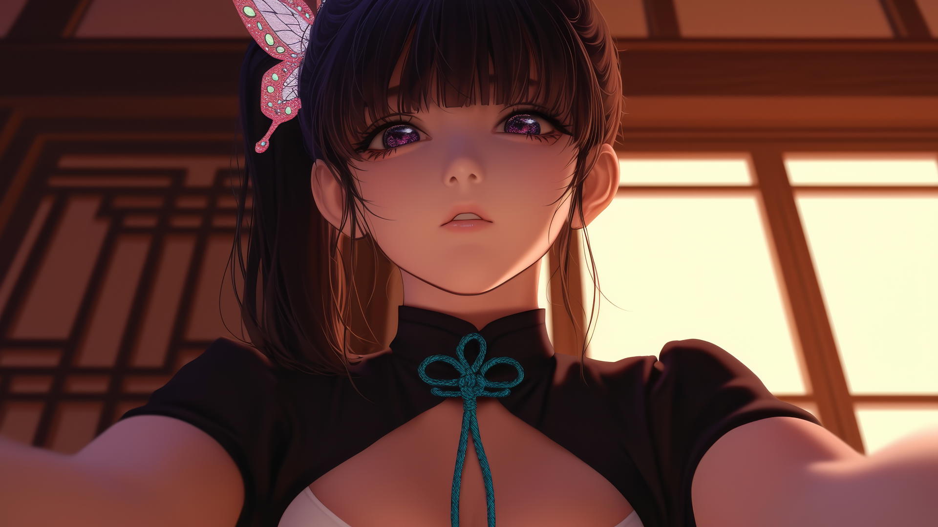 Kanao Tsuyuri from Demon Slayer kneeling and leaning forward with a soft glow