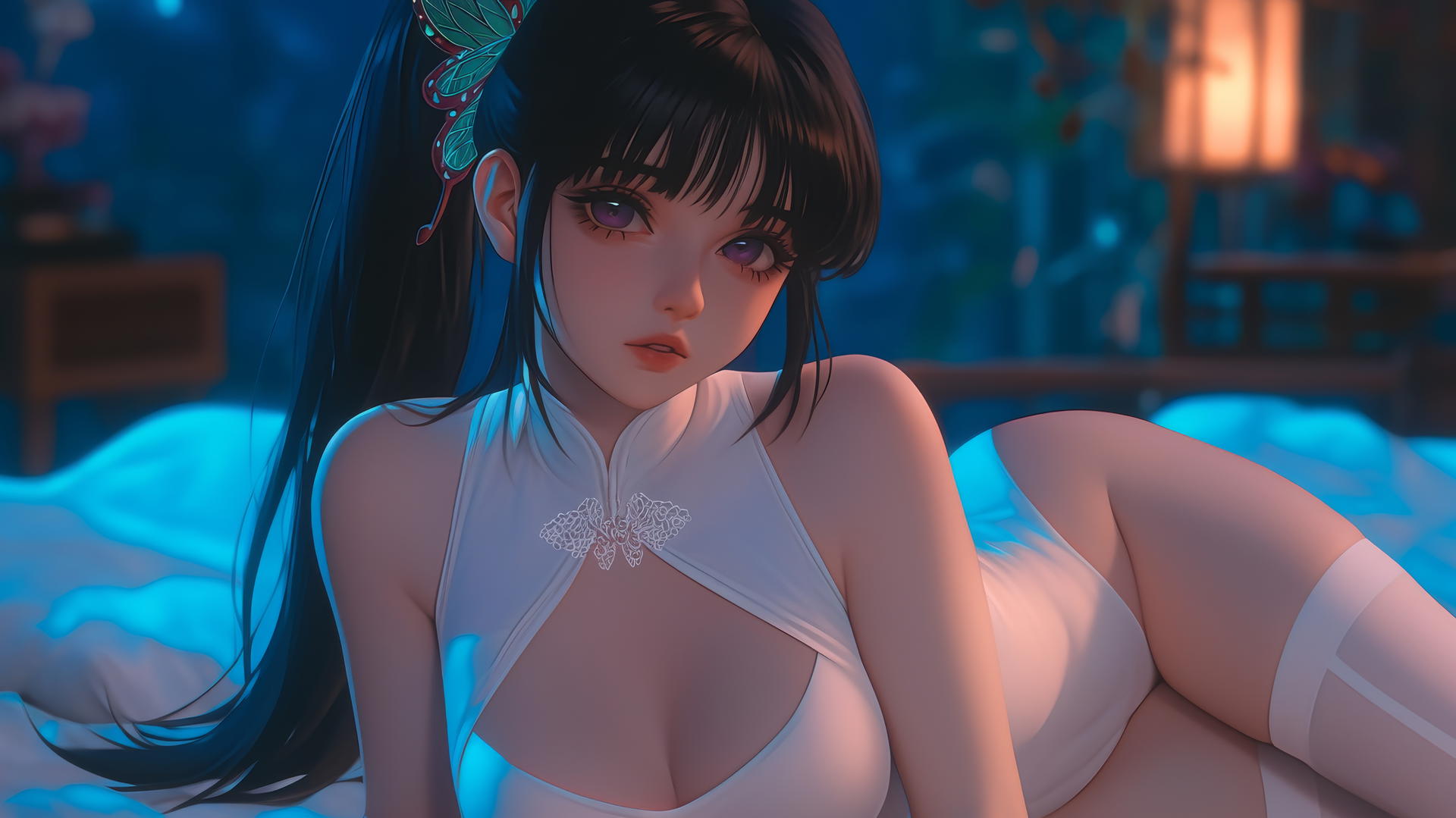 Kanao Tsuyuri in a modern hotel with warm light highlighting her figure and legs.