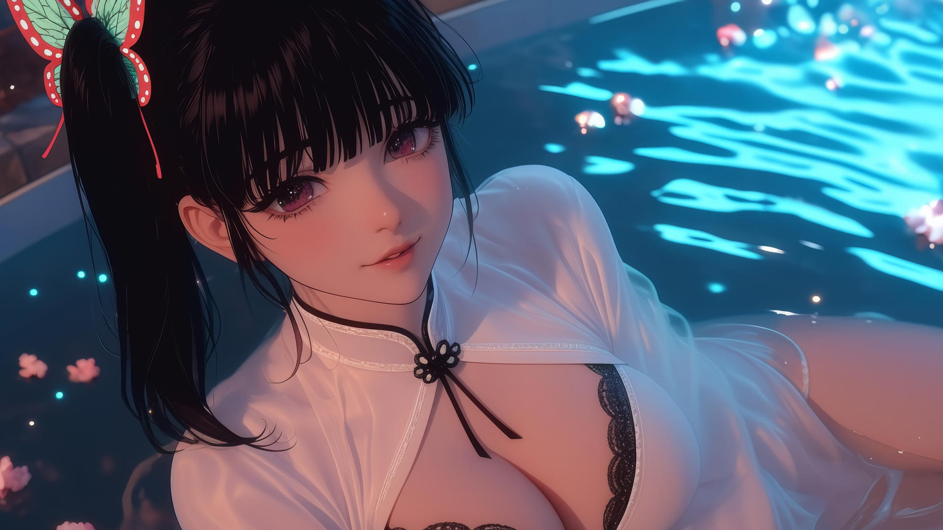 Kanao Tsuyuri from Demon Slayer resting in a tub with warm light highlighting her figure