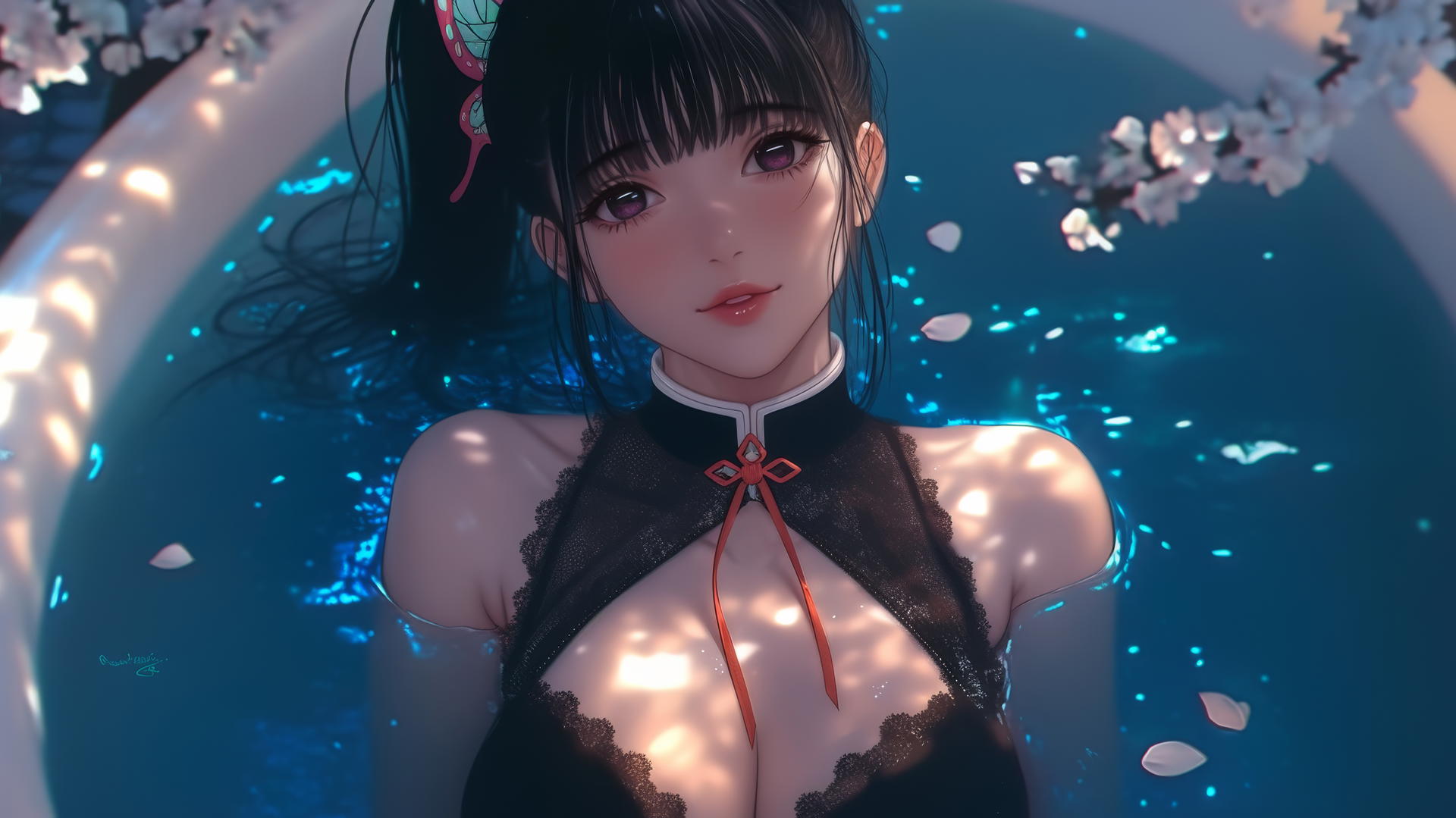 Kanao Tsuyuri from Demon Slayer resting in a modern apartment tub, warm light on figure