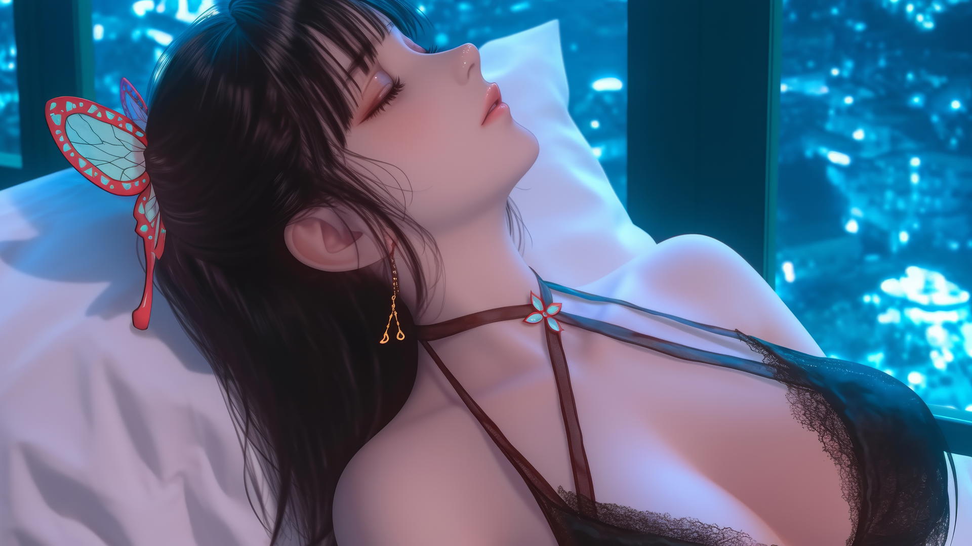 Kanao Tsuyuri from Demon Slayer resting in a modern apartment with warm light highlight.