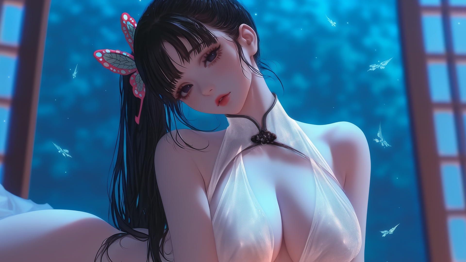 Kanao Tsuyuri from Demon Slayer kneeling with warm light highlighting her figure and legs