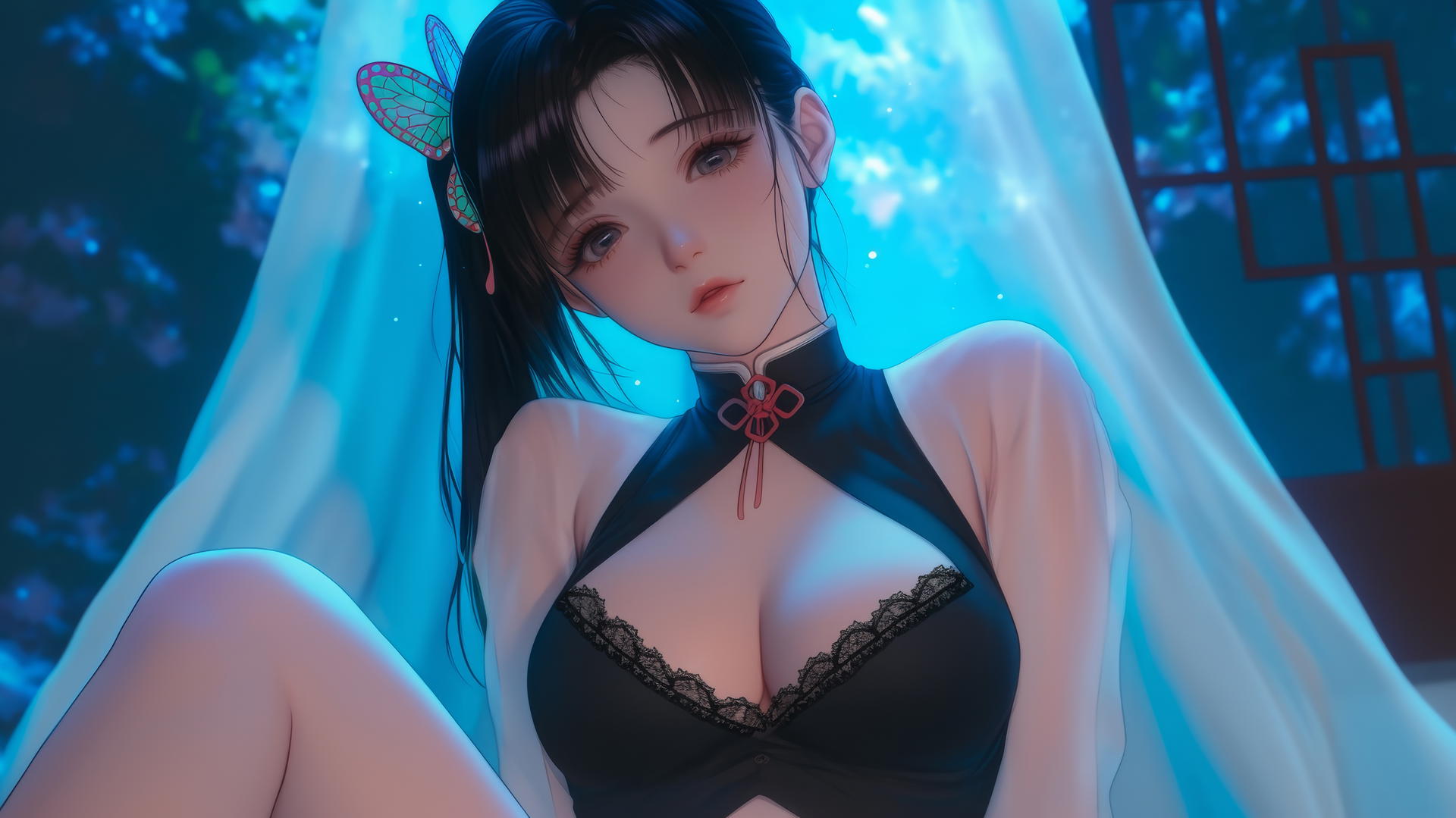 Kanao Tsuyuri kneeling, seen from below with warm light highlighting her figure and legs, short black hair in ponytail, adorned with pink and green butterfly ornament, gentle dark lilac eyes framed by thick eyelashes.