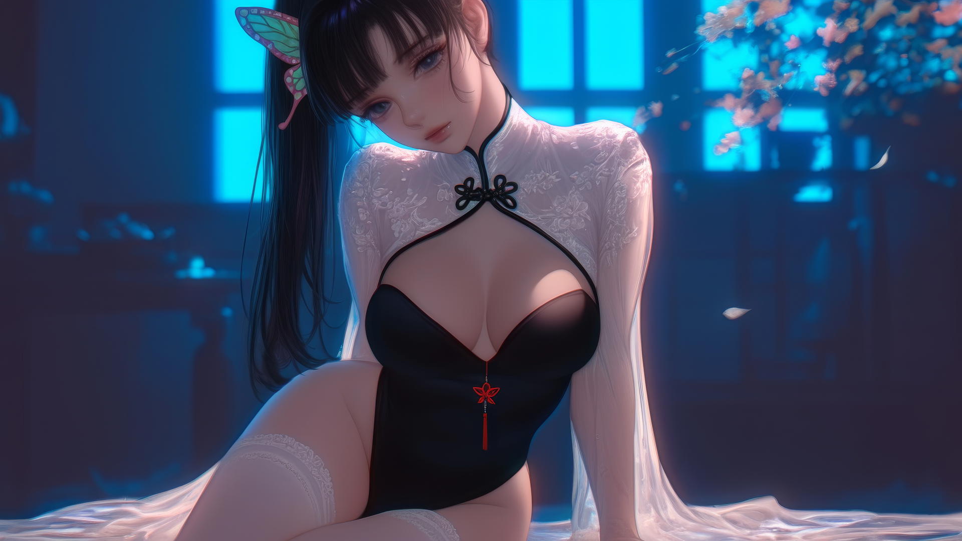 Kanao Tsuyuri kneeling, warm light glow, butterfly ornament, dark lilac eyes