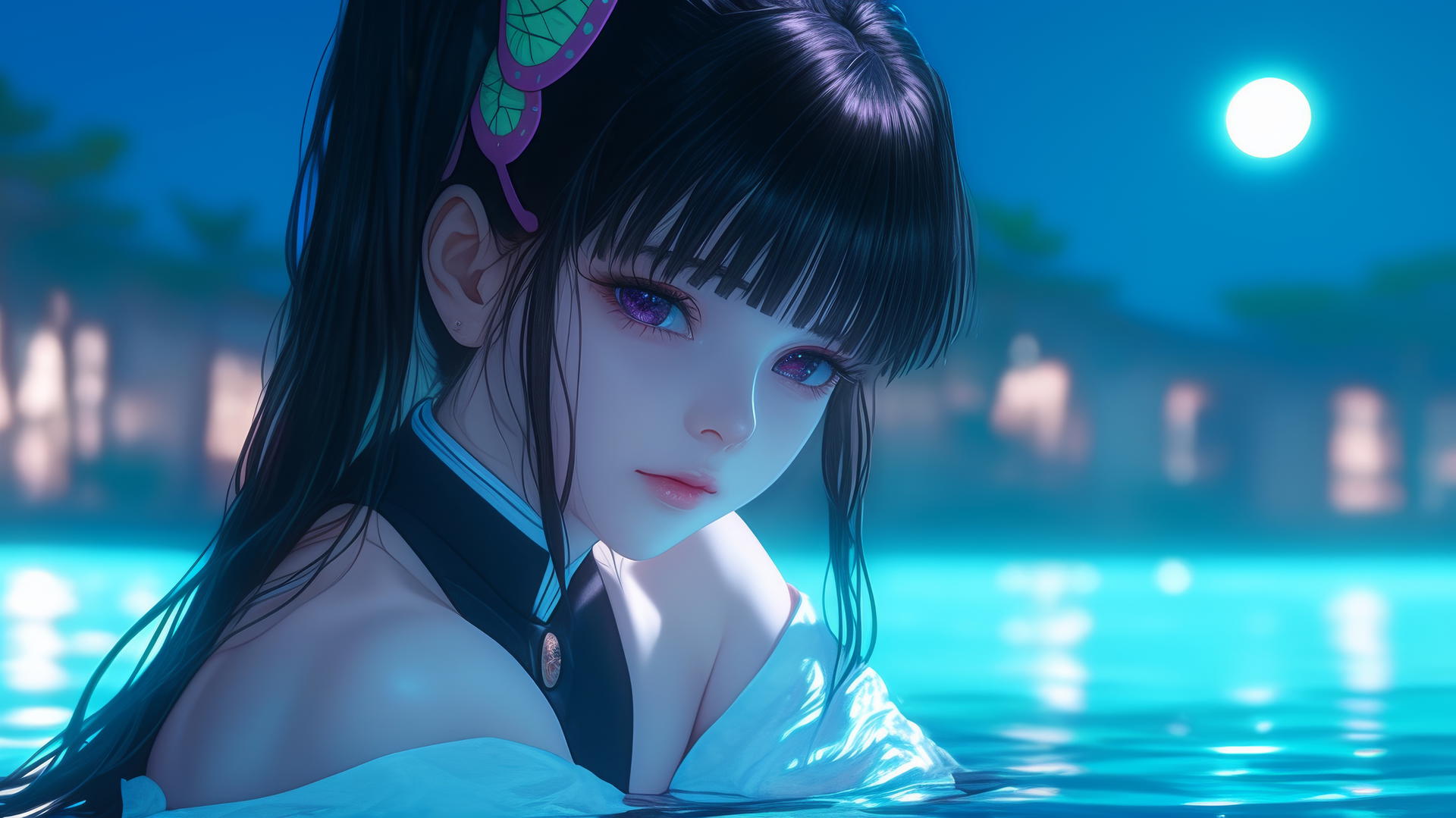 Kanao Tsuyuri from Demon Slayer resting by a swimming pool under moonlight.