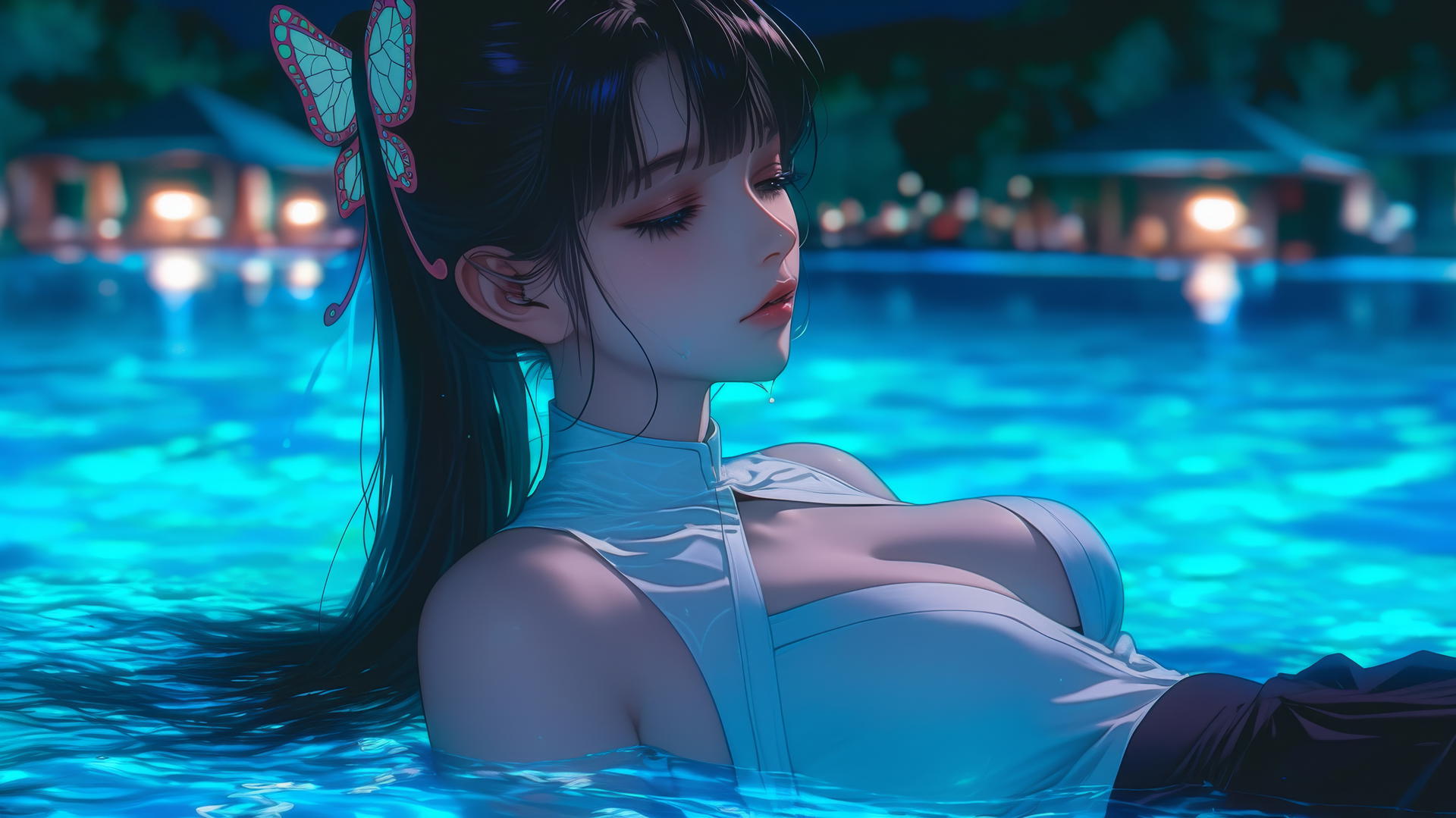 Kanao Tsuyuri from Demon Slayer resting by a swimming pool under moonlight, wearing a butterfly ornament.