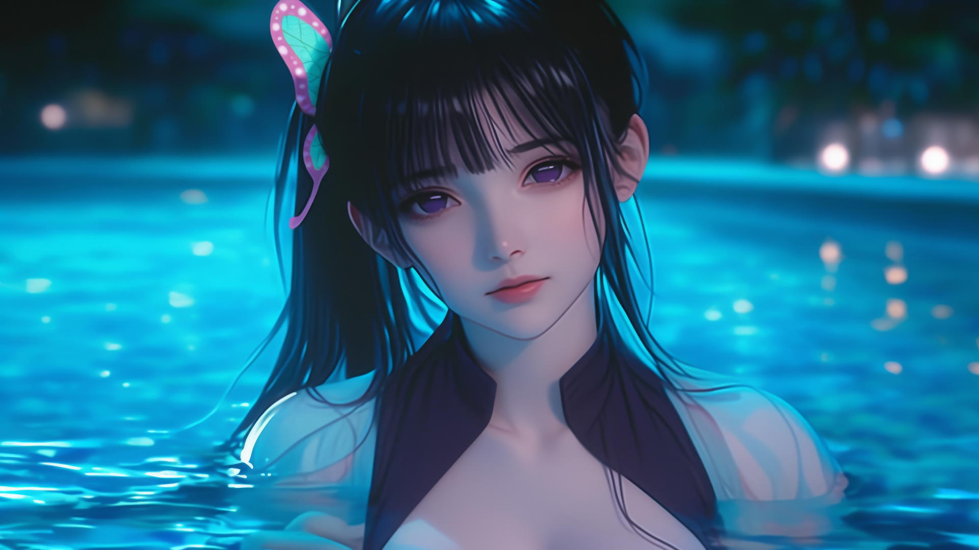 Kanao Tsuyuri from Demon Slayer resting by a moonlit swimming pool with butterfly ornament