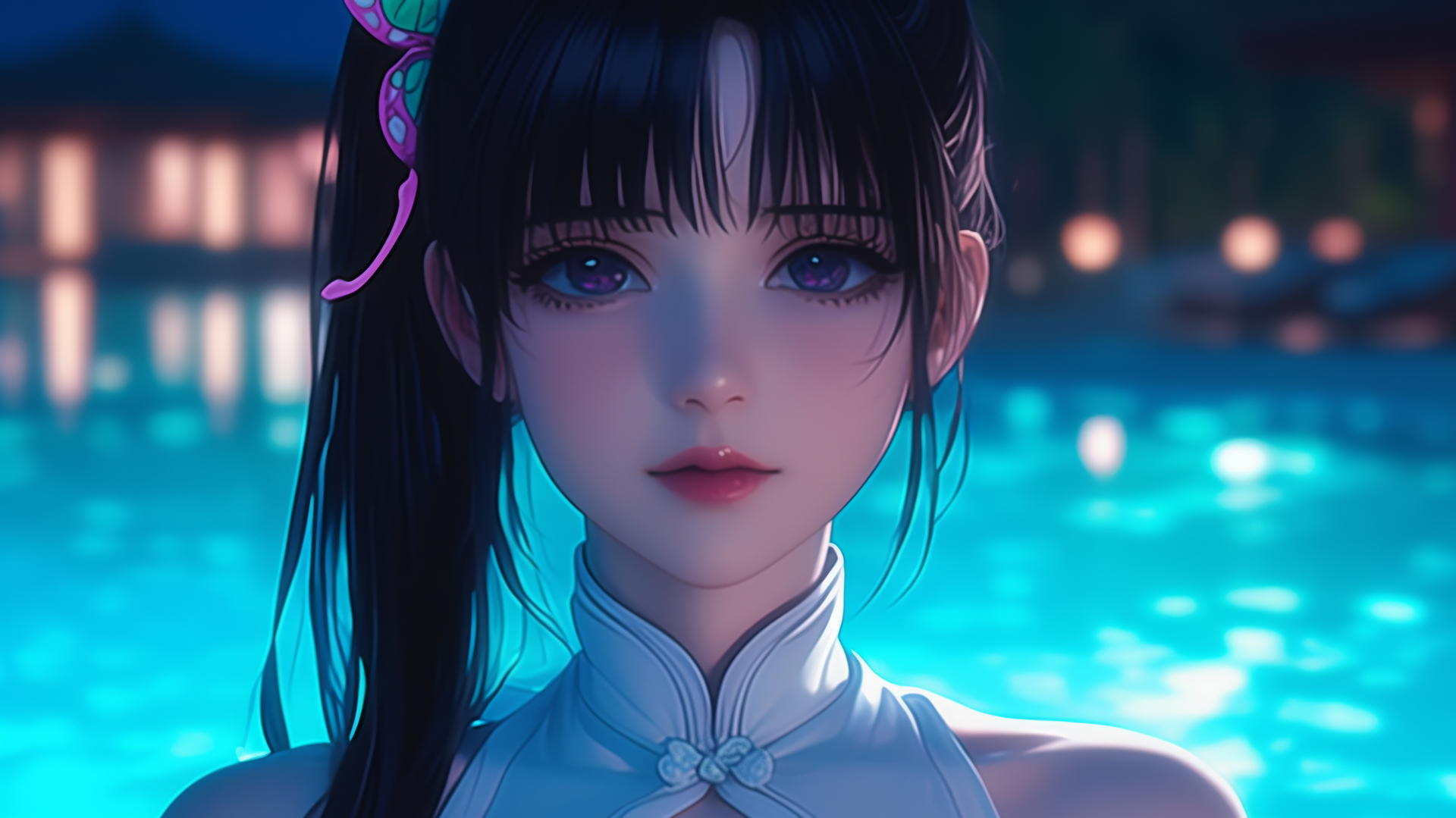 Kanao Tsuyuri from Demon Slayer resting by a swimming pool under moonlight