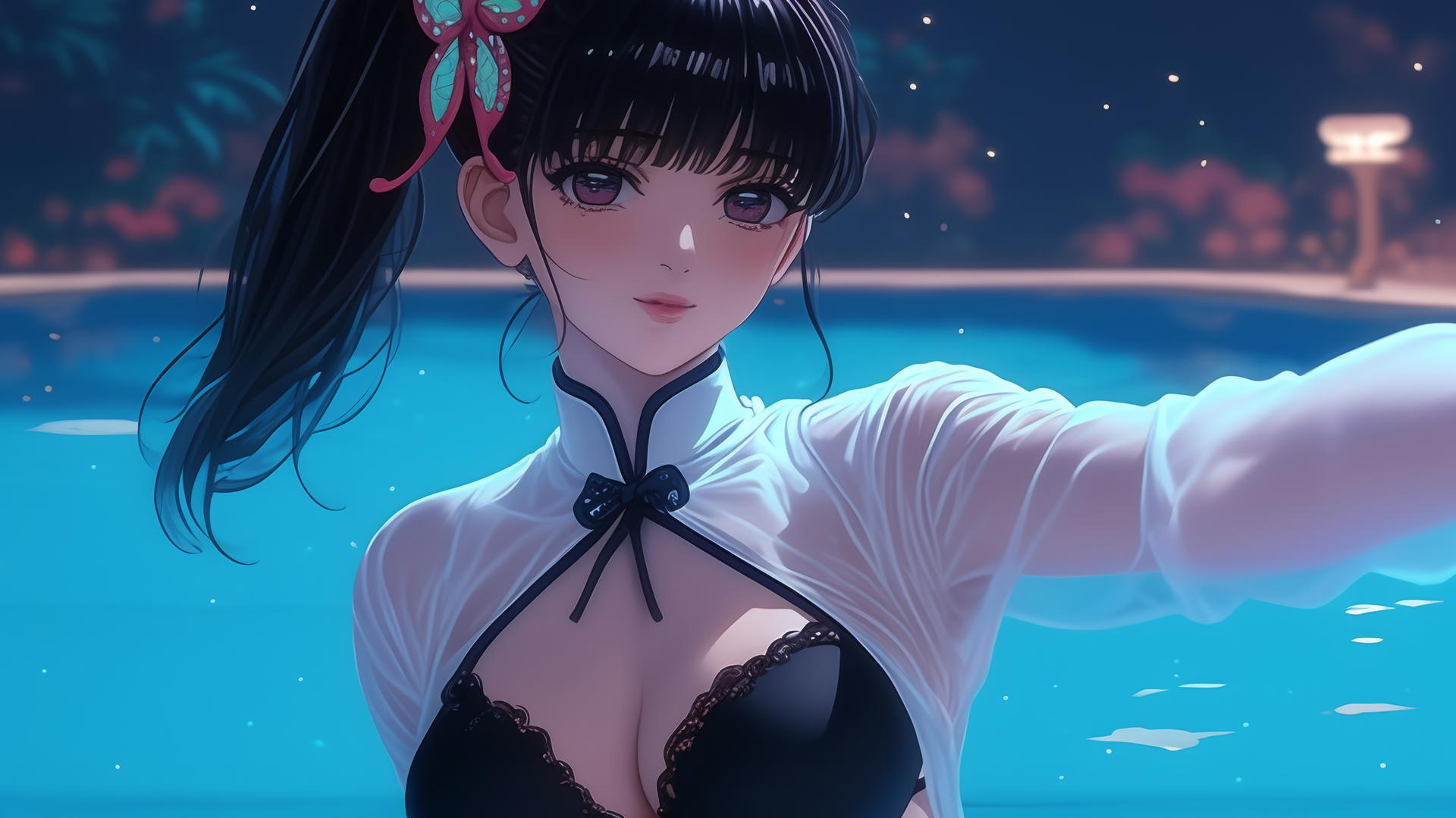 Kanao Tsuyuri from Demon Slayer jumping out of a swimming pool under moonlight.