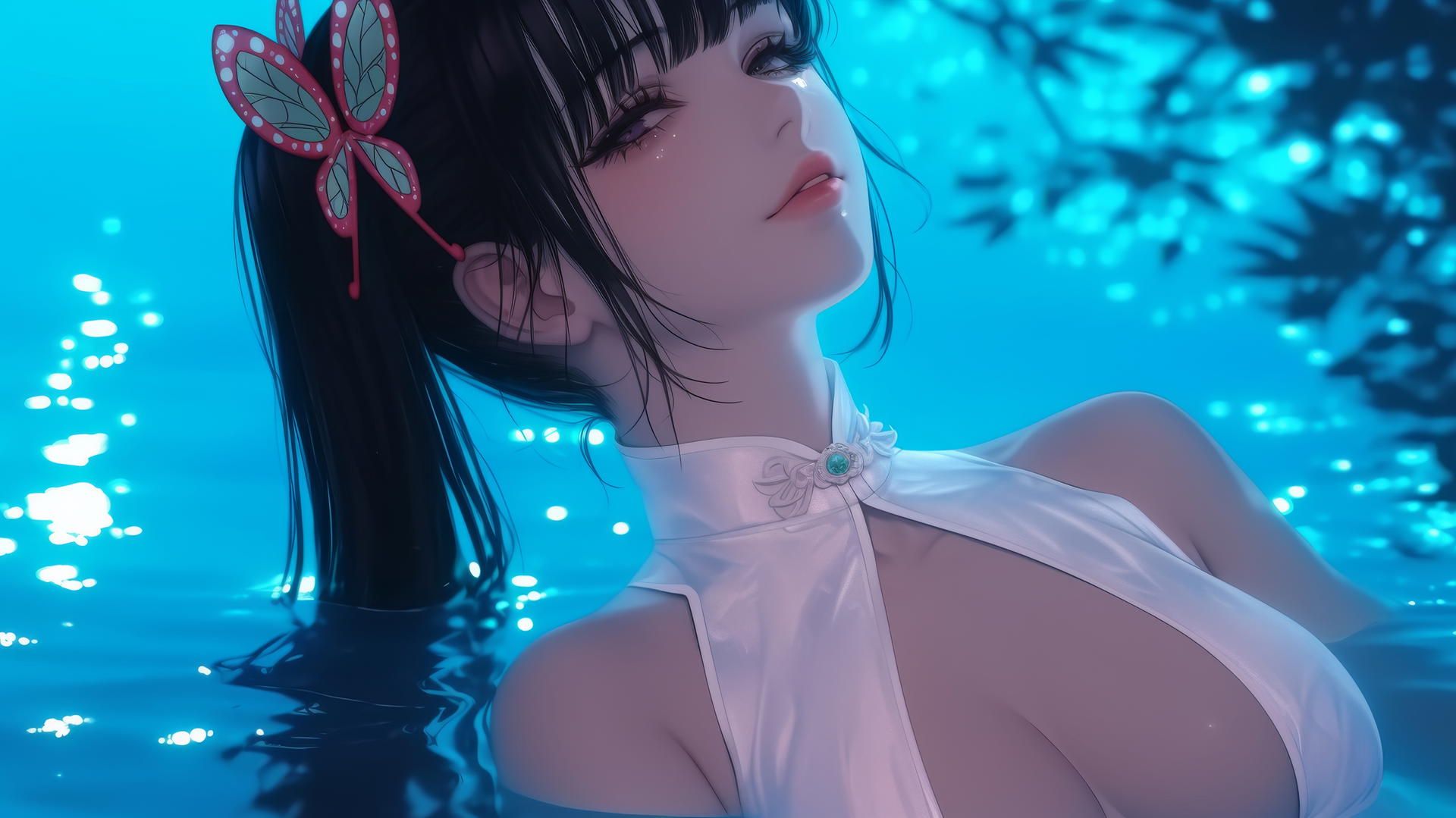 Kanao Tsuyuri from Demon Slayer resting by a swimming pool under moonlight with dark lilac eyes and butterfly hair ornament.