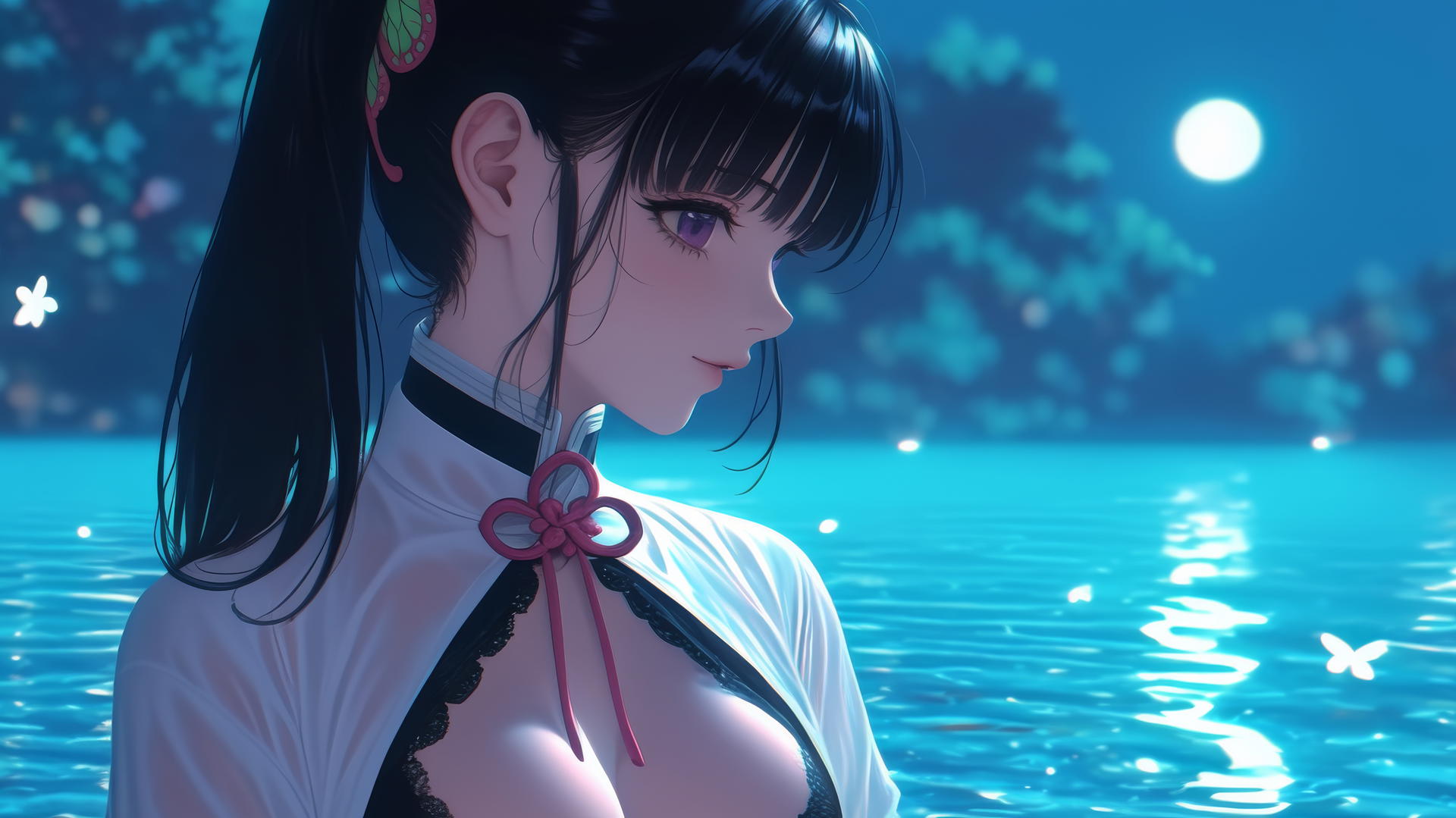Kanao Tsuyuri from Demon Slayer resting by a pool under moonlight with butterfly ornament